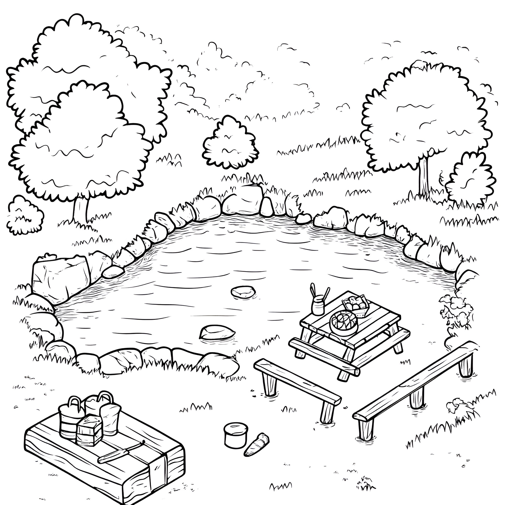 Isometric Outdoor Picnic Scene Coloring Page (free black-and-white line drawing printable PDF for all, from beginners to advanced learners, including children, teens, adults, and seniors)