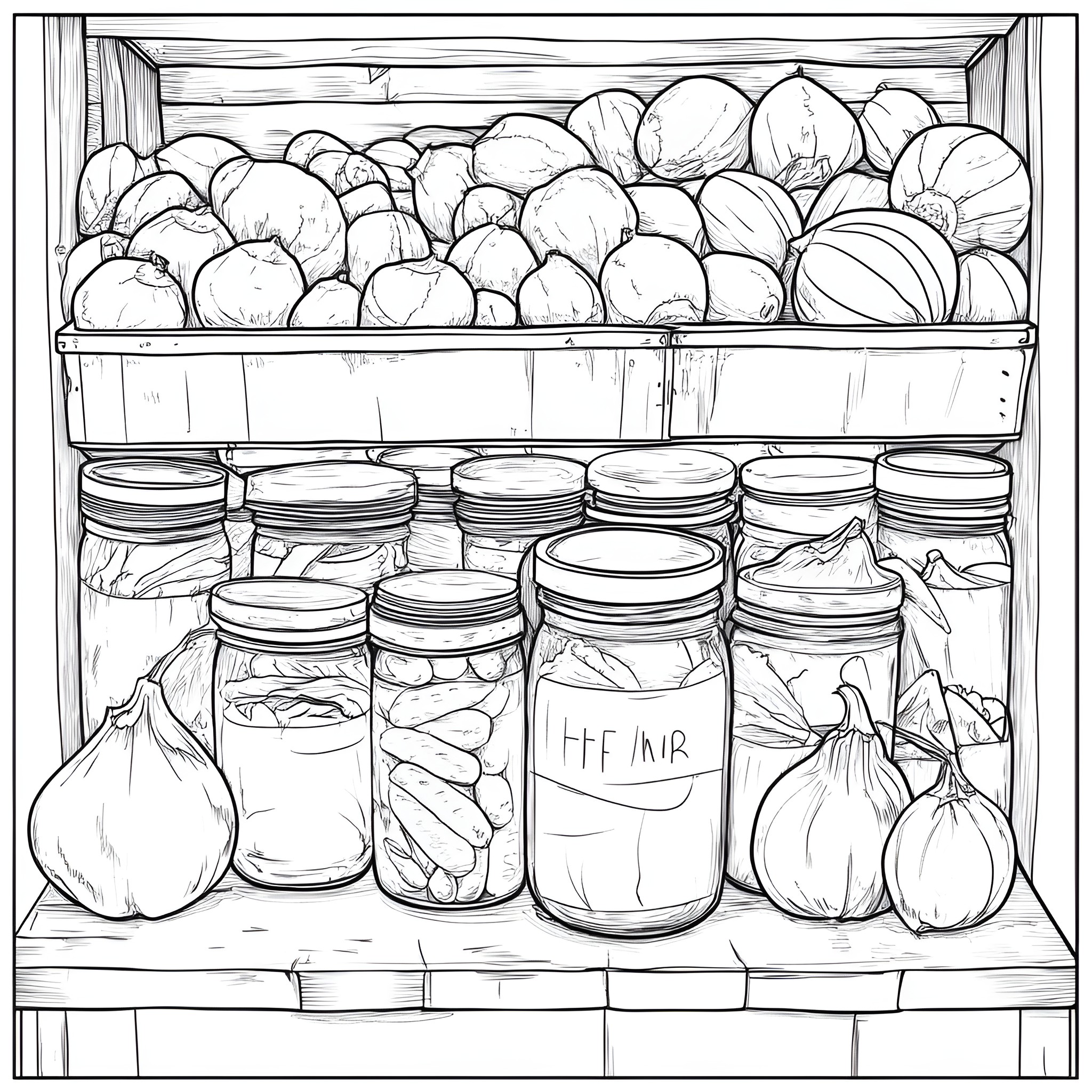 Life In A Jar: Preserving Nature's Bounty Coloring Page (free black-and-white line drawing printable PDF for all, from beginners to advanced learners, including children, teens, adults, and seniors)