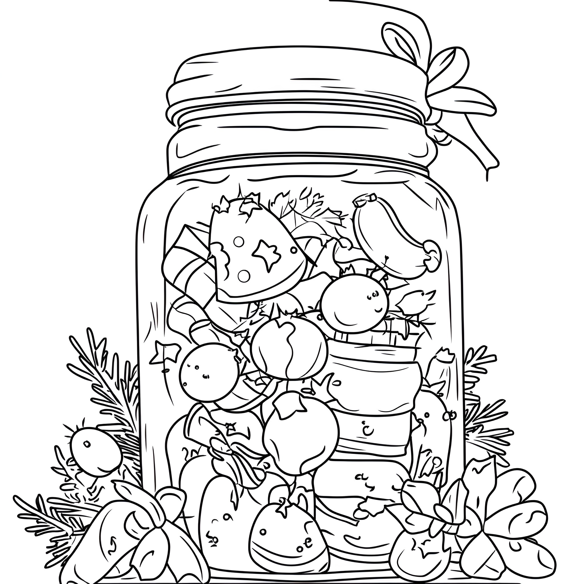 Life In A Jar - Whimsical characters in a glass jar Coloring Page (free black-and-white line drawing printable PDF for all, from beginners to advanced learners, including children, teens, adults, and seniors)