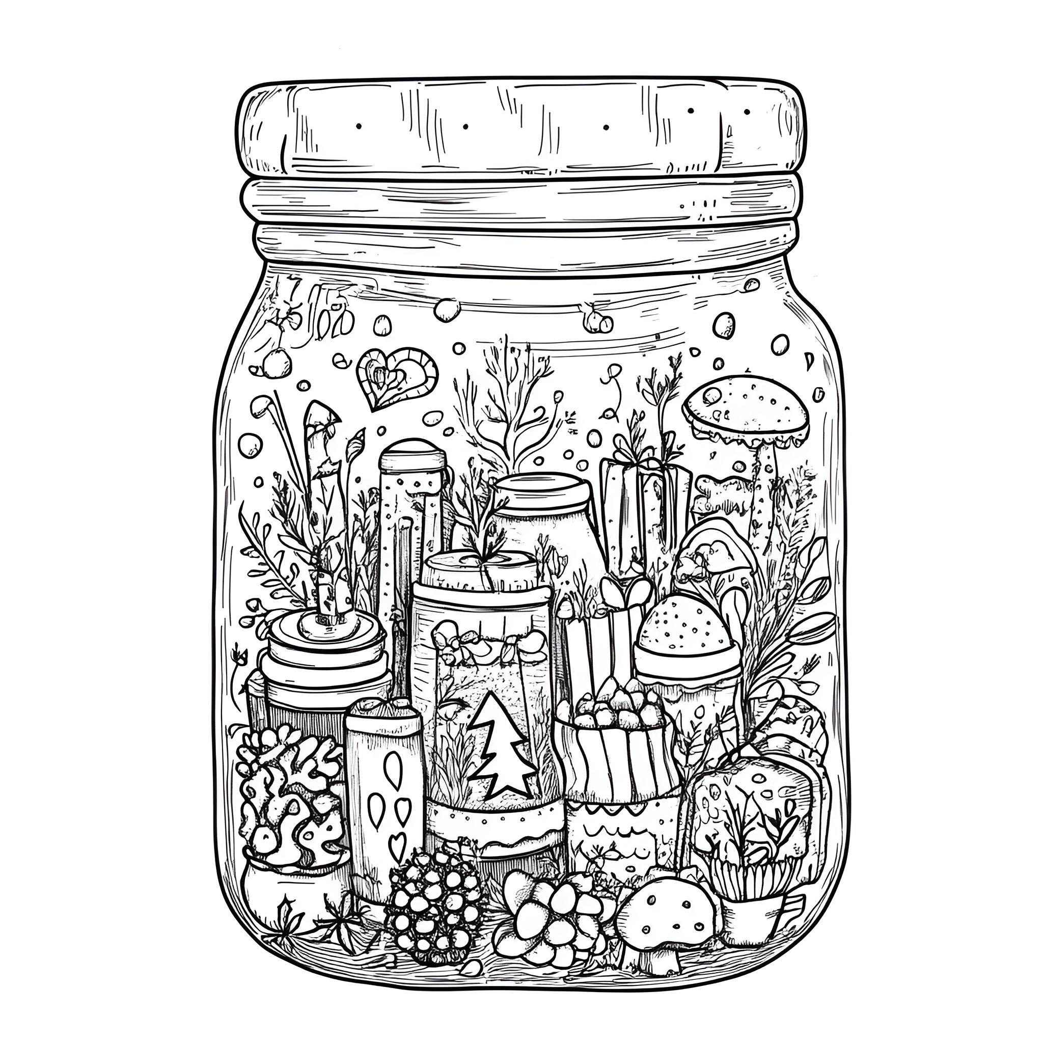 Life In A Jar: Whimsical Nature Scenes Coloring Page (free black-and-white line drawing printable PDF for all, from beginners to advanced learners, including children, teens, adults, and seniors)