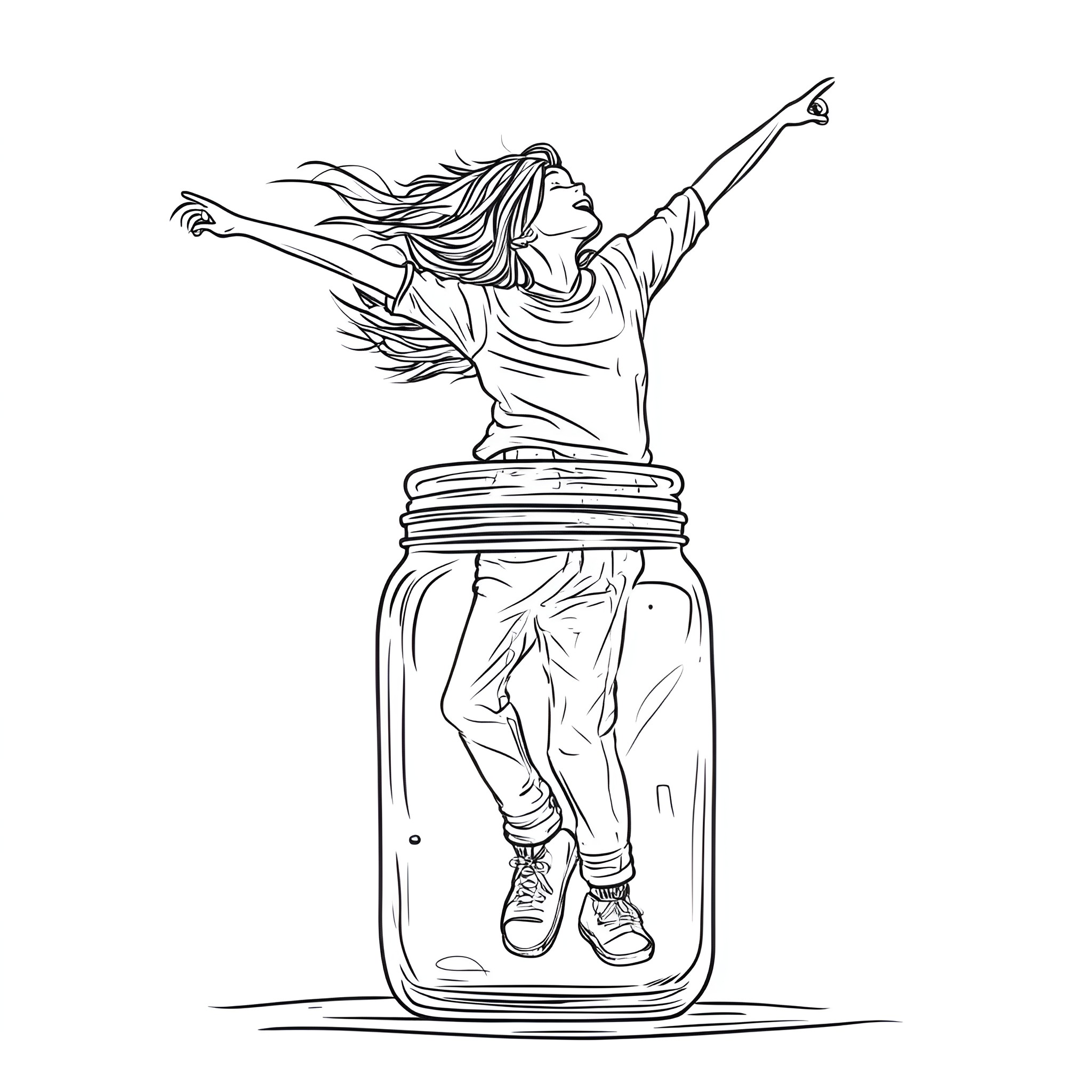 Life In A Jar: Carefree Spirit Soaring Coloring Page (free black-and-white line drawing printable PDF for all, from beginners to advanced learners, including children, teens, adults, and seniors)