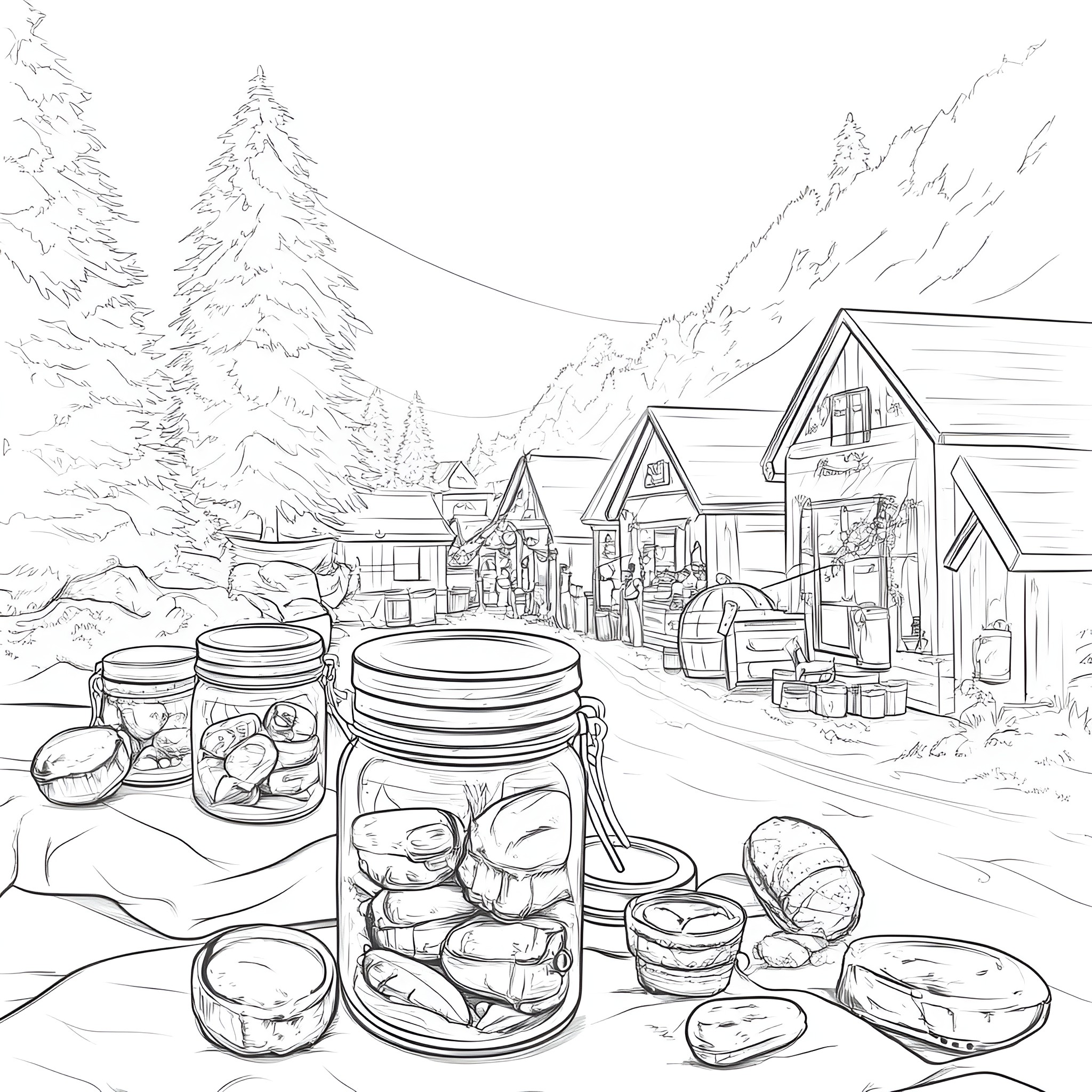 Life In A Jar - Mountain Village Preserved Goods Coloring Page (free black-and-white line drawing printable PDF for all, from beginners to advanced learners, including children, teens, adults, and seniors)