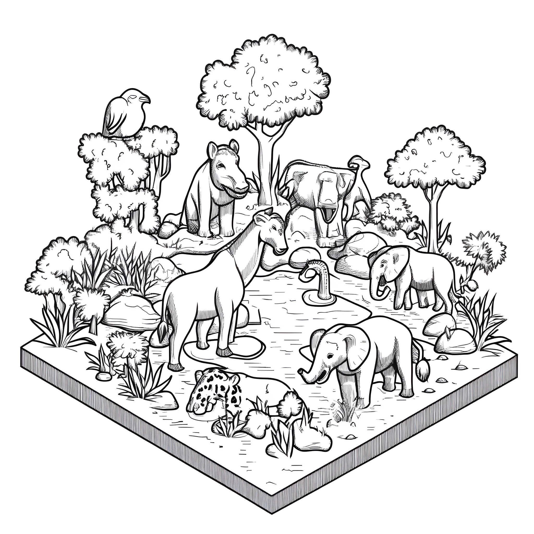 Isometric Wildlife Scene with Animals Coloring Page (free black-and-white line drawing printable PDF for all, from beginners to advanced learners, including children, teens, adults, and seniors)