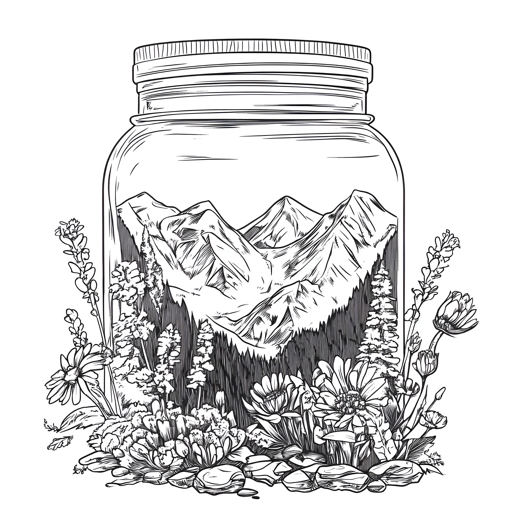 Life In A Jar - Mountainous Landscape With Flowers Coloring Page (free black-and-white line drawing printable PDF for all, from beginners to advanced learners, including children, teens, adults, and seniors)