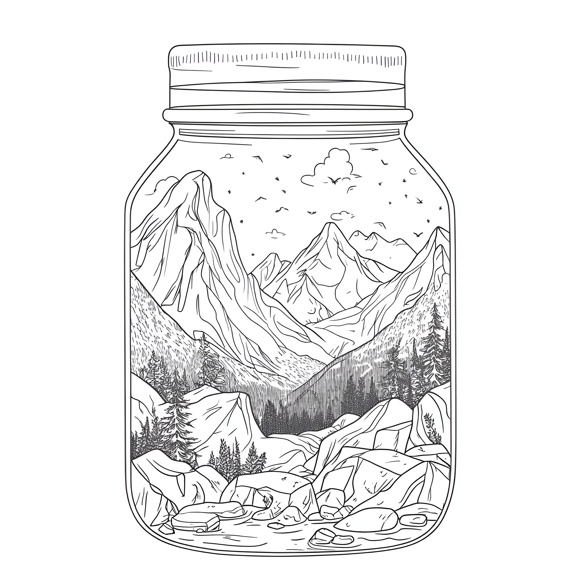 Life In A Jar: Serene mountain landscape Coloring Page (free black-and-white line drawing printable PDF for all, from beginners to advanced learners, including children, teens, adults, and seniors)