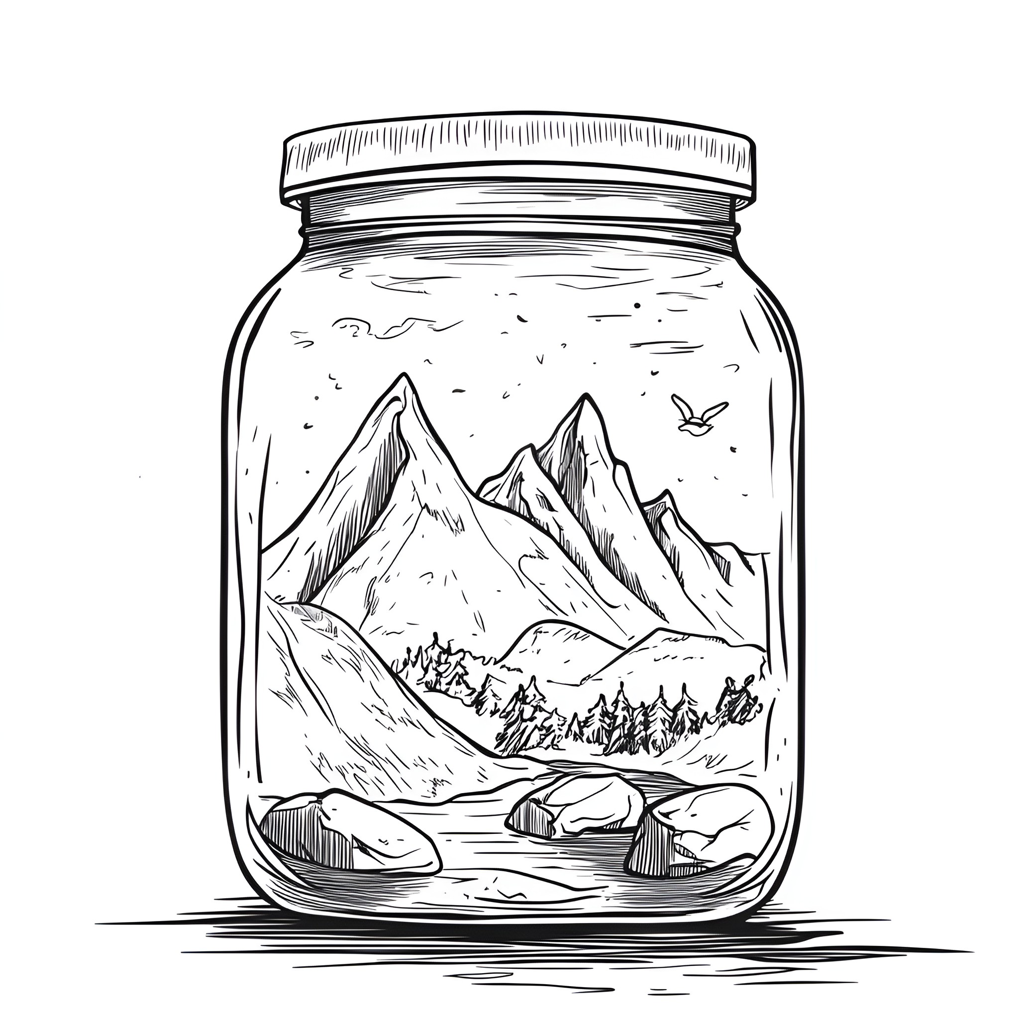 Life In A Jar: Mountainous Landscape Coloring Page (free black-and-white line drawing printable PDF for all, from beginners to advanced learners, including children, teens, adults, and seniors)
