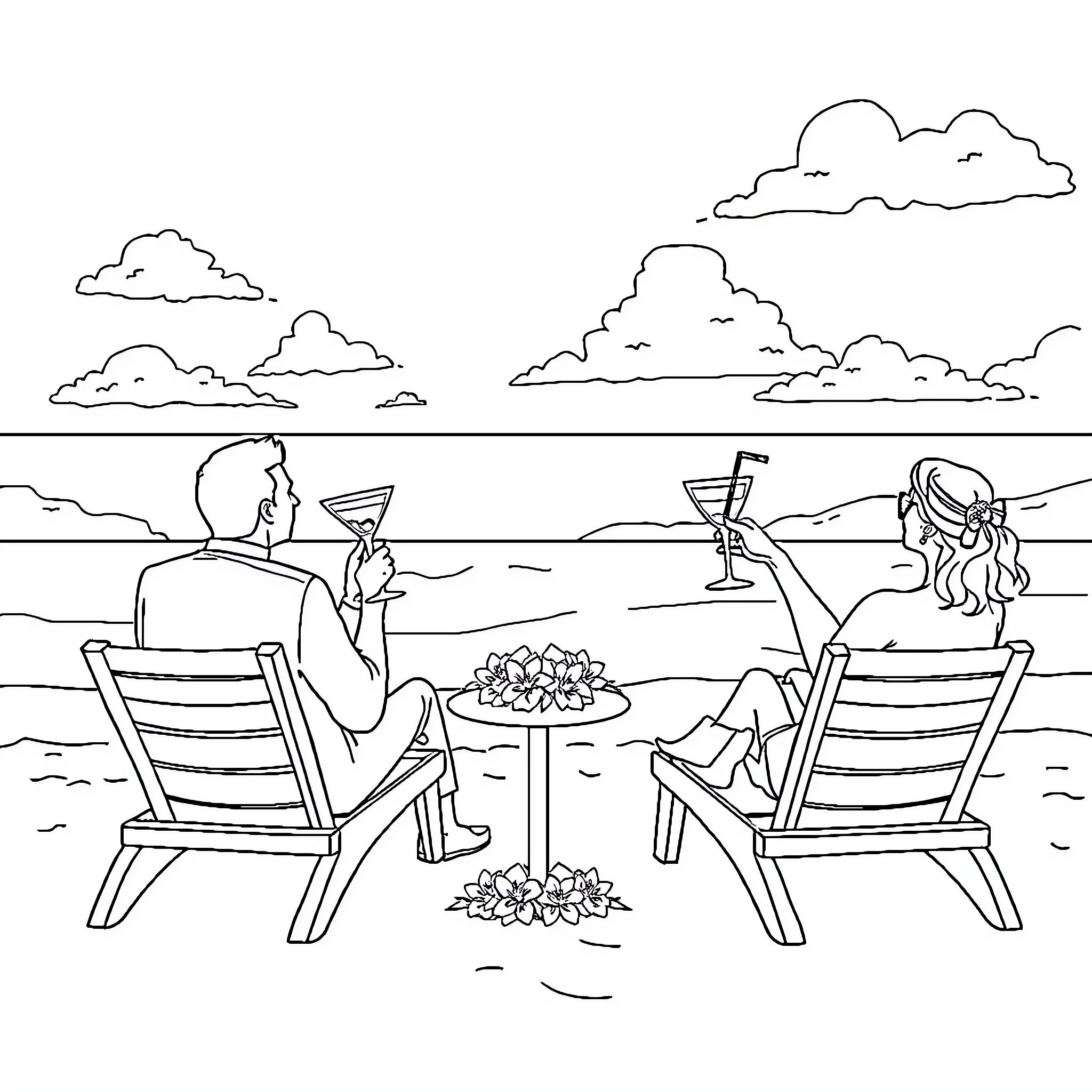Wedding Couple Enjoying Drinks on the Beach Coloring Page (free black-and-white line drawing printable PDF for all, from beginners to advanced learners, including children, teens, adults, and seniors)