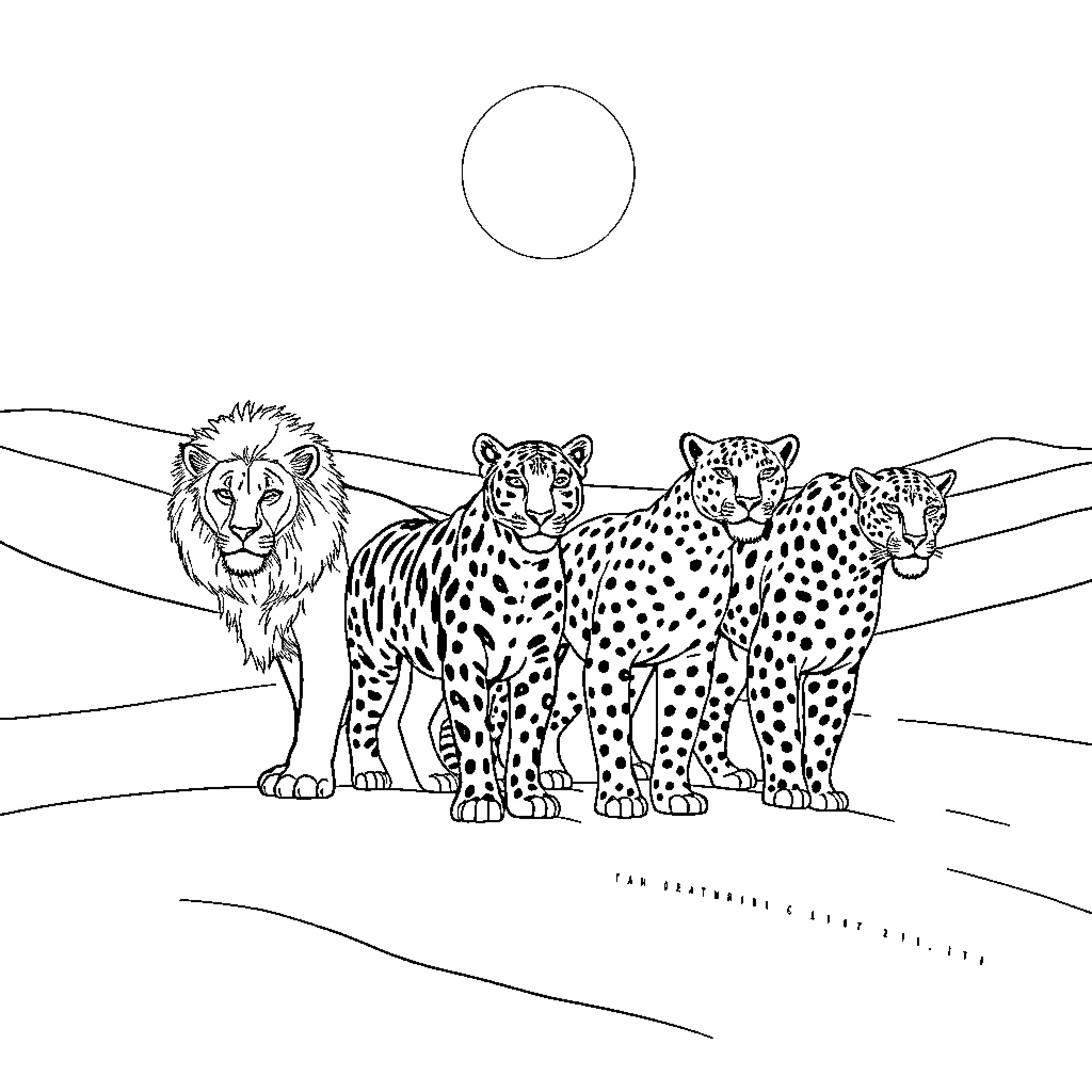 Big Cats on the Savanna Coloring Page (free black-and-white line drawing printable PDF for all, from beginners to advanced learners, including children, teens, adults, and seniors)