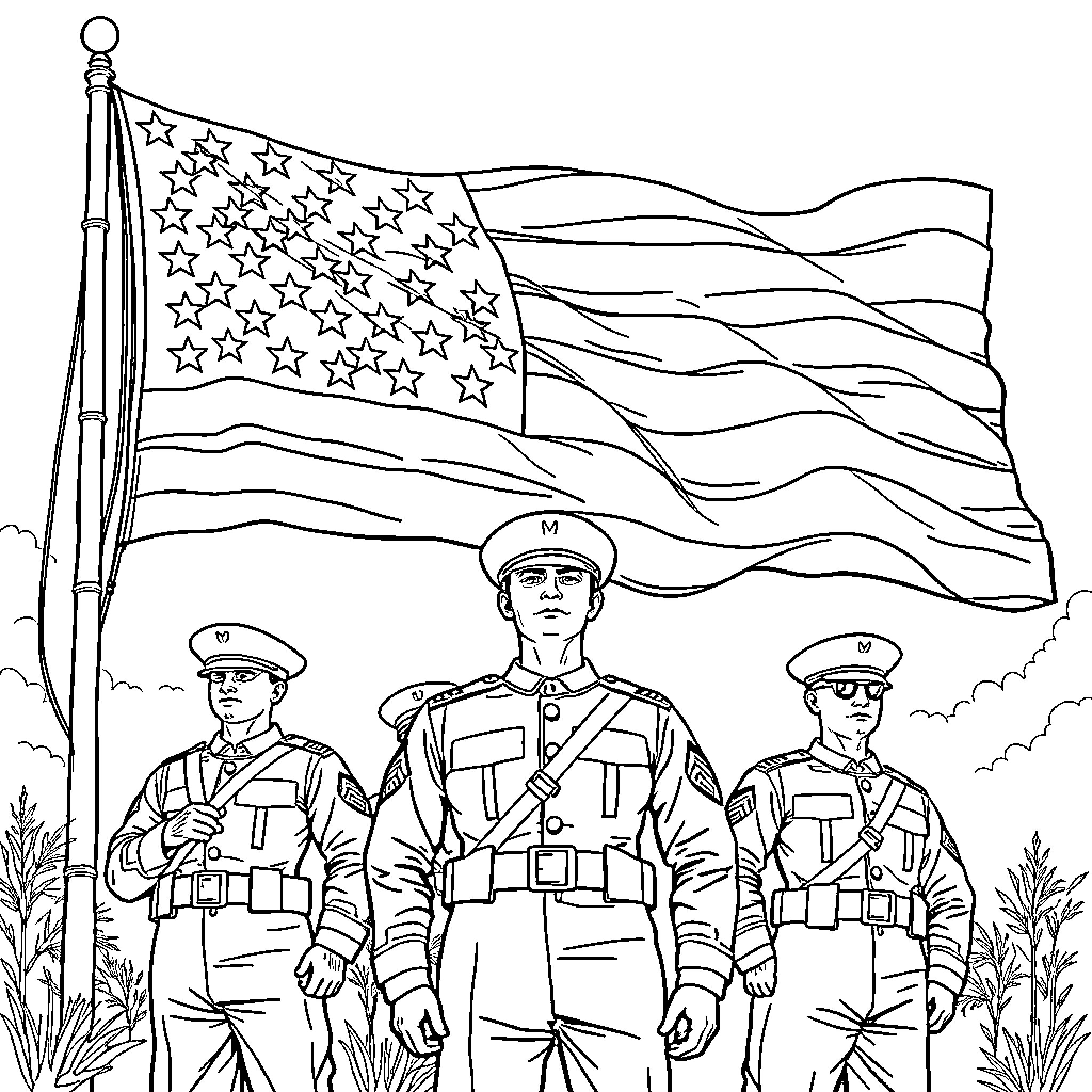 Marine soldiers salute American flag in the field Coloring Page (free black-and-white line drawing printable PDF for all, from beginners to advanced learners, including children, teens, adults, and seniors)