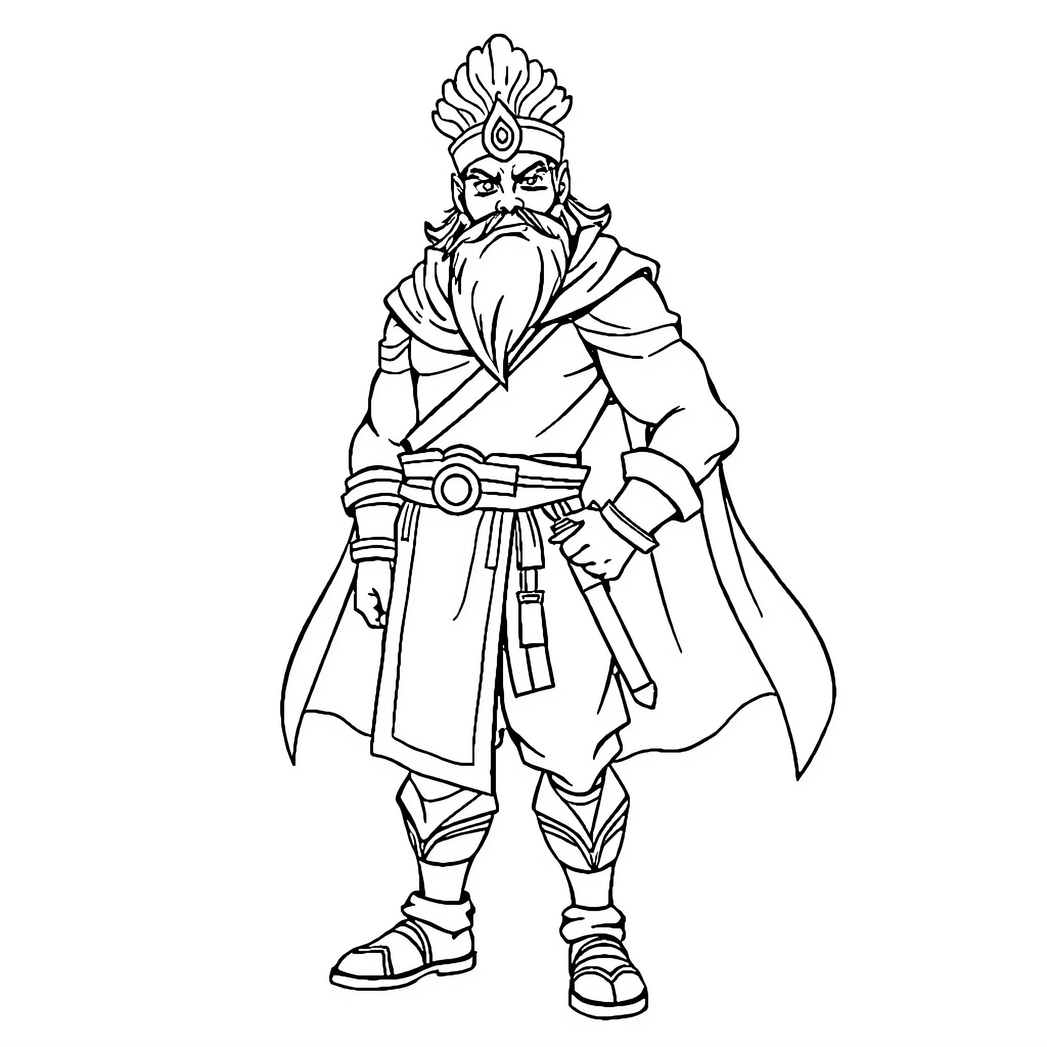 Kaliman in heroic warrior attire Coloring Page (free black-and-white line drawing printable PDF for all, from beginners to advanced learners, including children, teens, adults, and seniors)