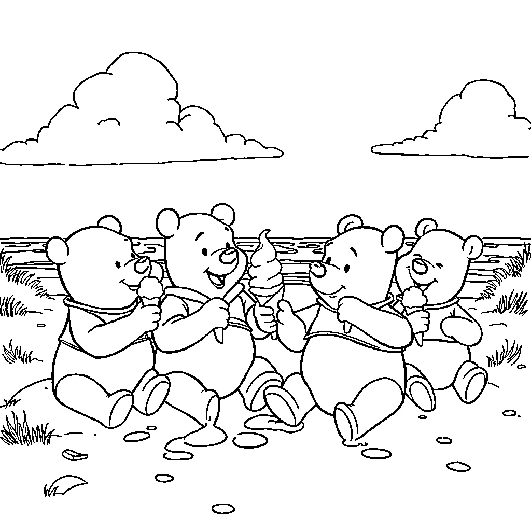 Winnie The Pooh and friends having a picnic Coloring Page (free black-and-white line drawing printable PDF for all, from beginners to advanced learners, including children, teens, adults, and seniors)