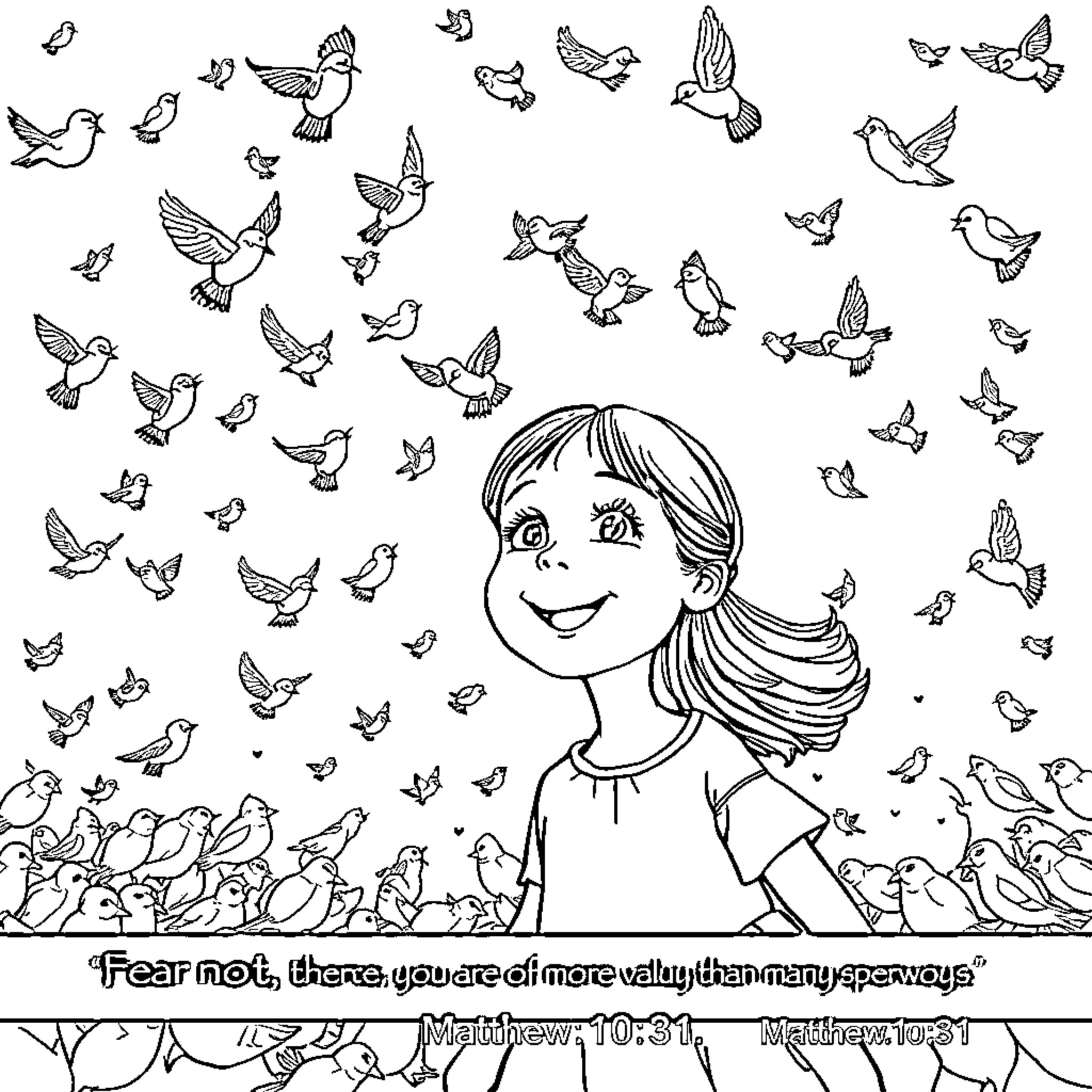 Sparrow girl surrounded by joyful birds Coloring Page (free black-and-white line drawing printable PDF for all, from beginners to advanced learners, including children, teens, adults, and seniors)