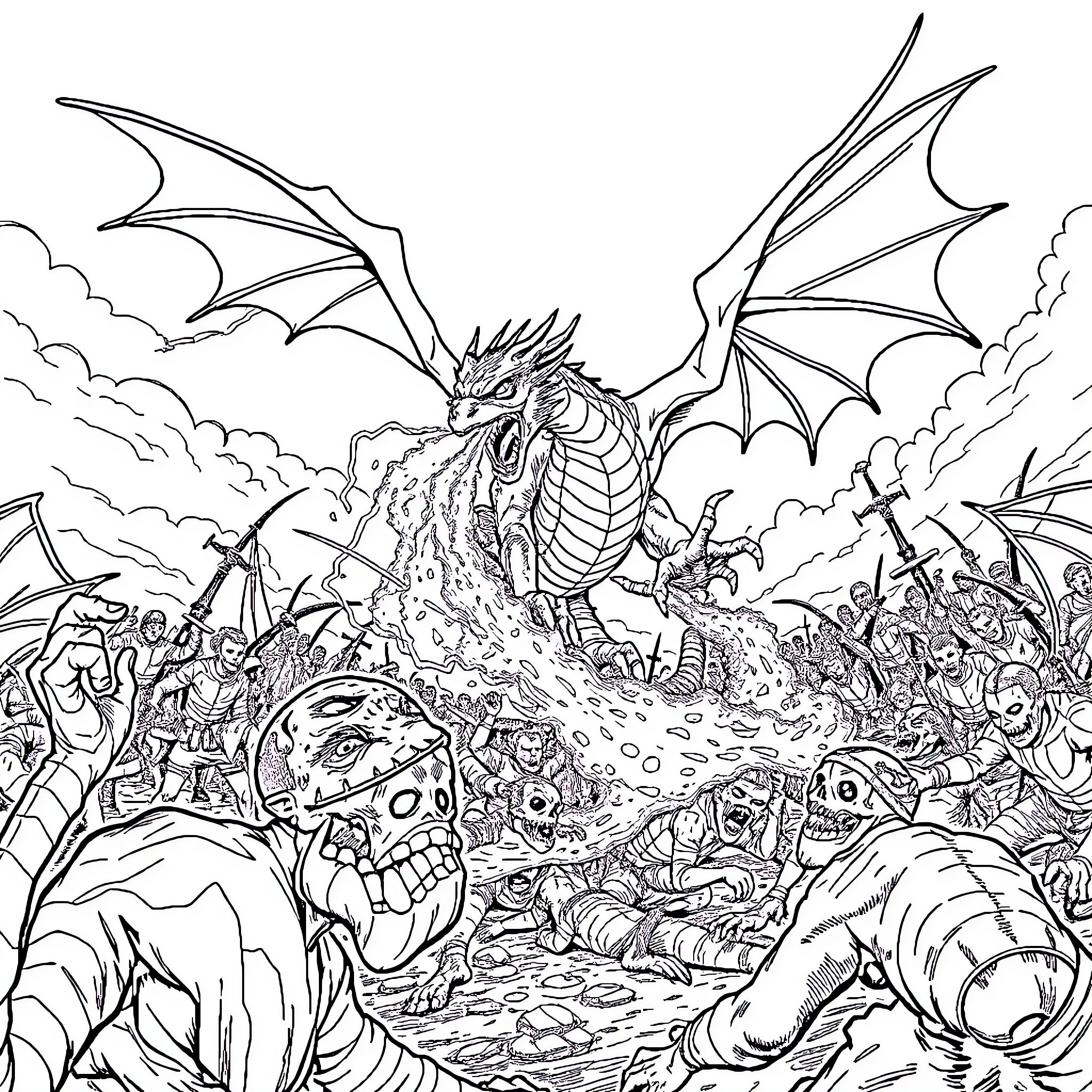 Dragon Unleashing Fiery Breath Amid Fierce Battle Coloring Page (free black-and-white line drawing printable PDF for all, from beginners to advanced learners, including children, teens, adults, and seniors)