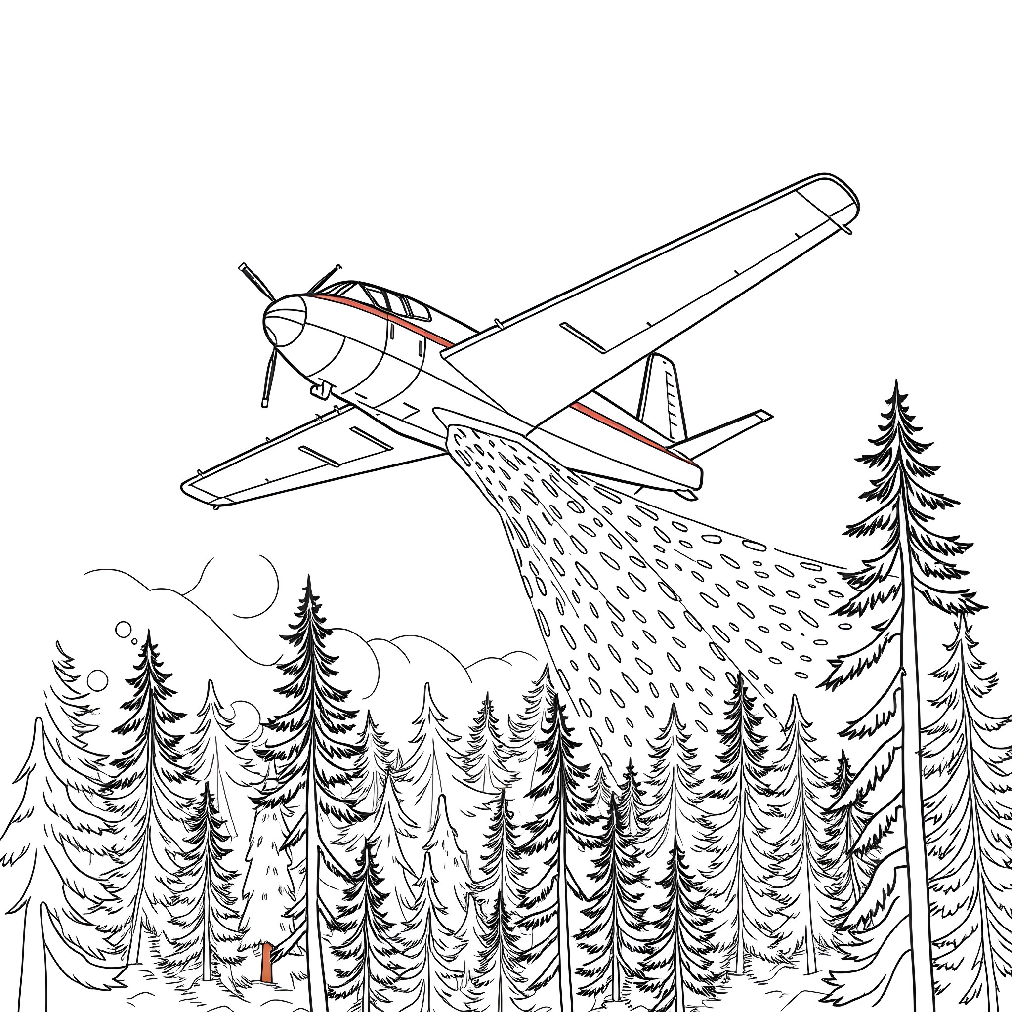 Water Bomber Aircraft Drops Water Over Forested Area Coloring Page (free black-and-white line drawing printable PDF for all, from beginners to advanced learners, including children, teens, adults, and seniors)