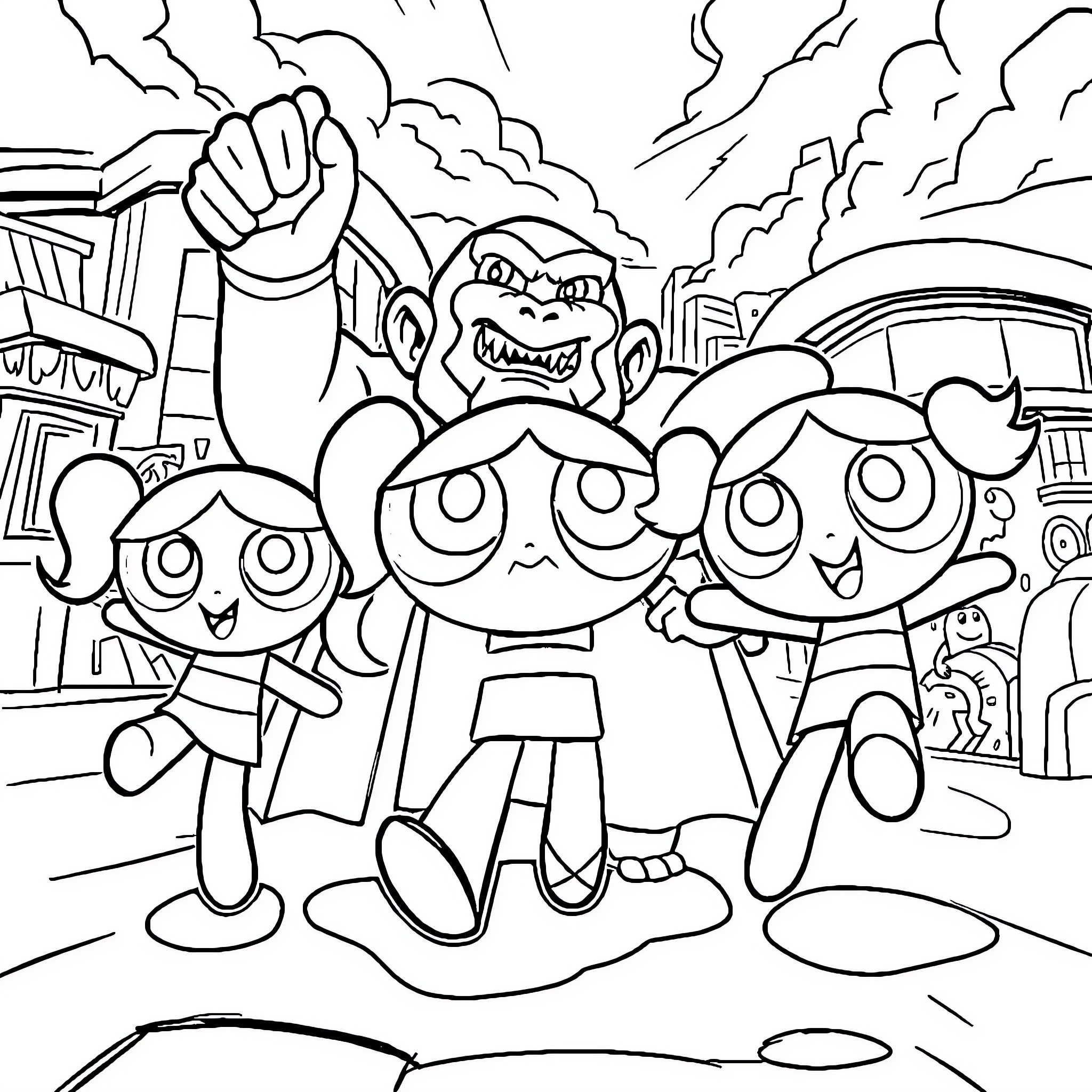 Powerpuff Girls in an Action-Packed Scene Coloring Page (free black-and-white line drawing printable PDF for all, from beginners to advanced learners, including children, teens, adults, and seniors)
