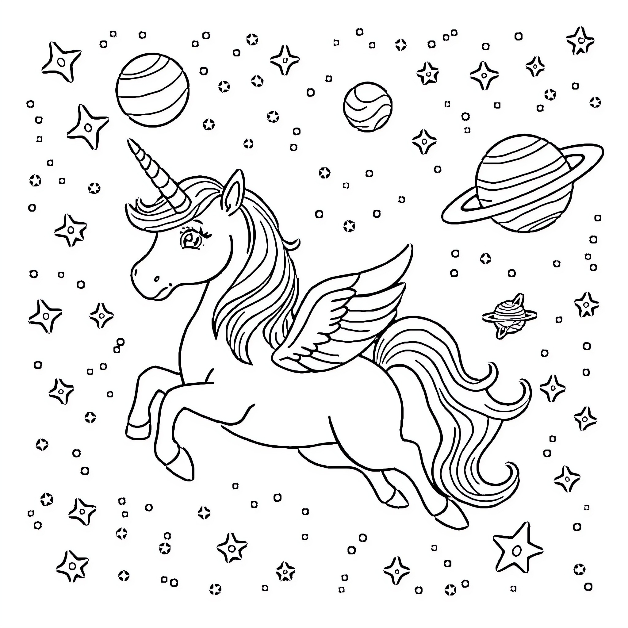 Unicorn soaring among the stars and planets Coloring Page (free black-and-white line drawing printable PDF for all, from beginners to advanced learners, including children, teens, adults, and seniors)