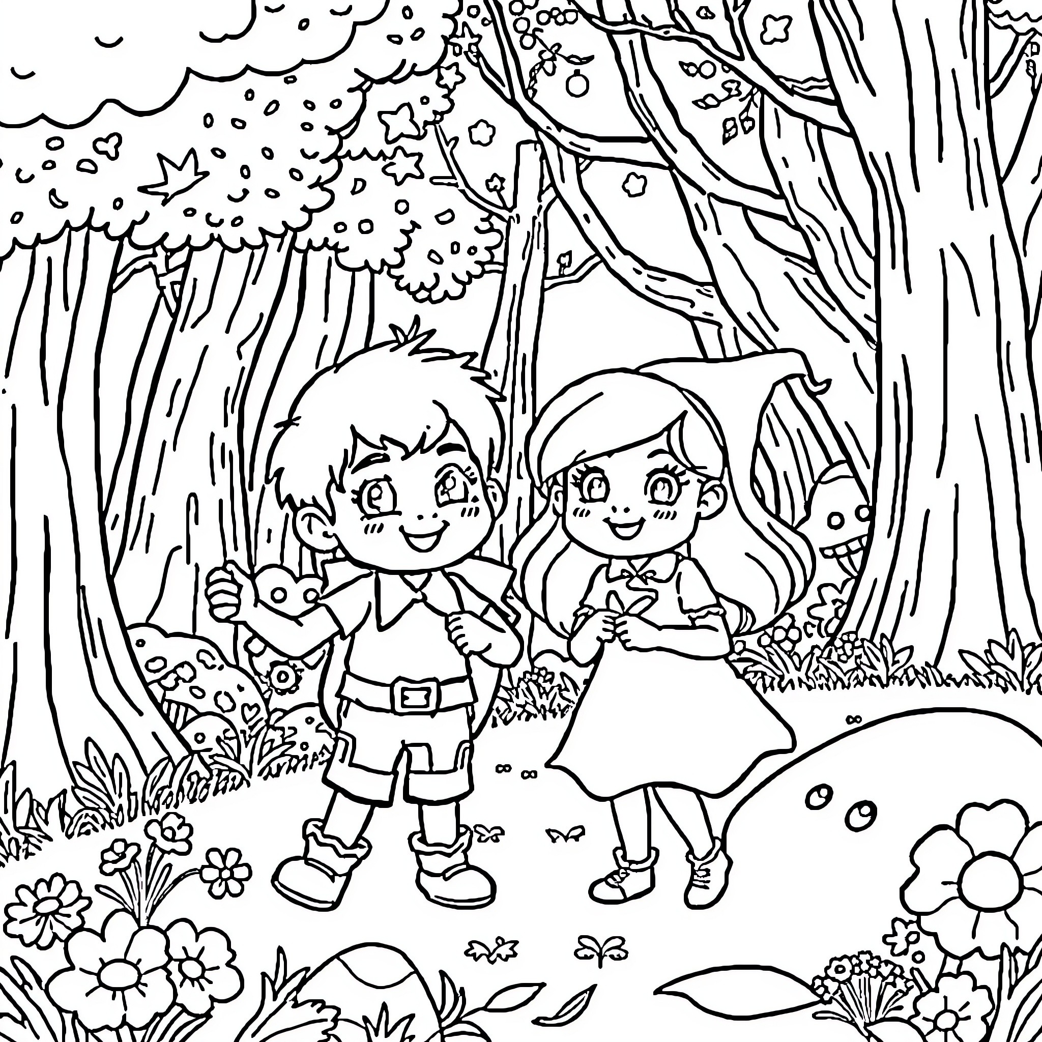 Ben and Holly playing in the enchanted forest Coloring Page (free black-and-white line drawing printable PDF for all, from beginners to advanced learners, including children, teens, adults, and seniors)