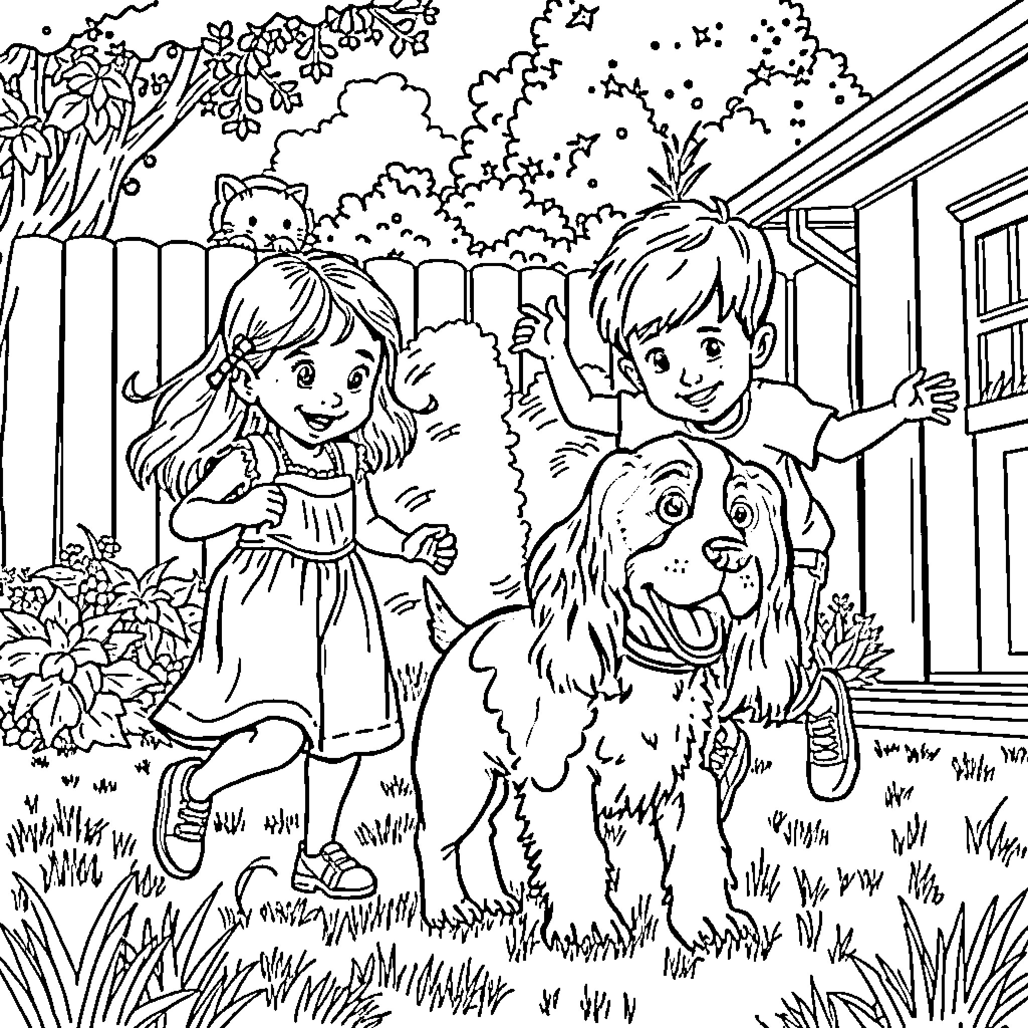 Child playing with puppy in the garden Coloring Page (free black-and-white line drawing printable PDF for all, from beginners to advanced learners, including children, teens, adults, and seniors)