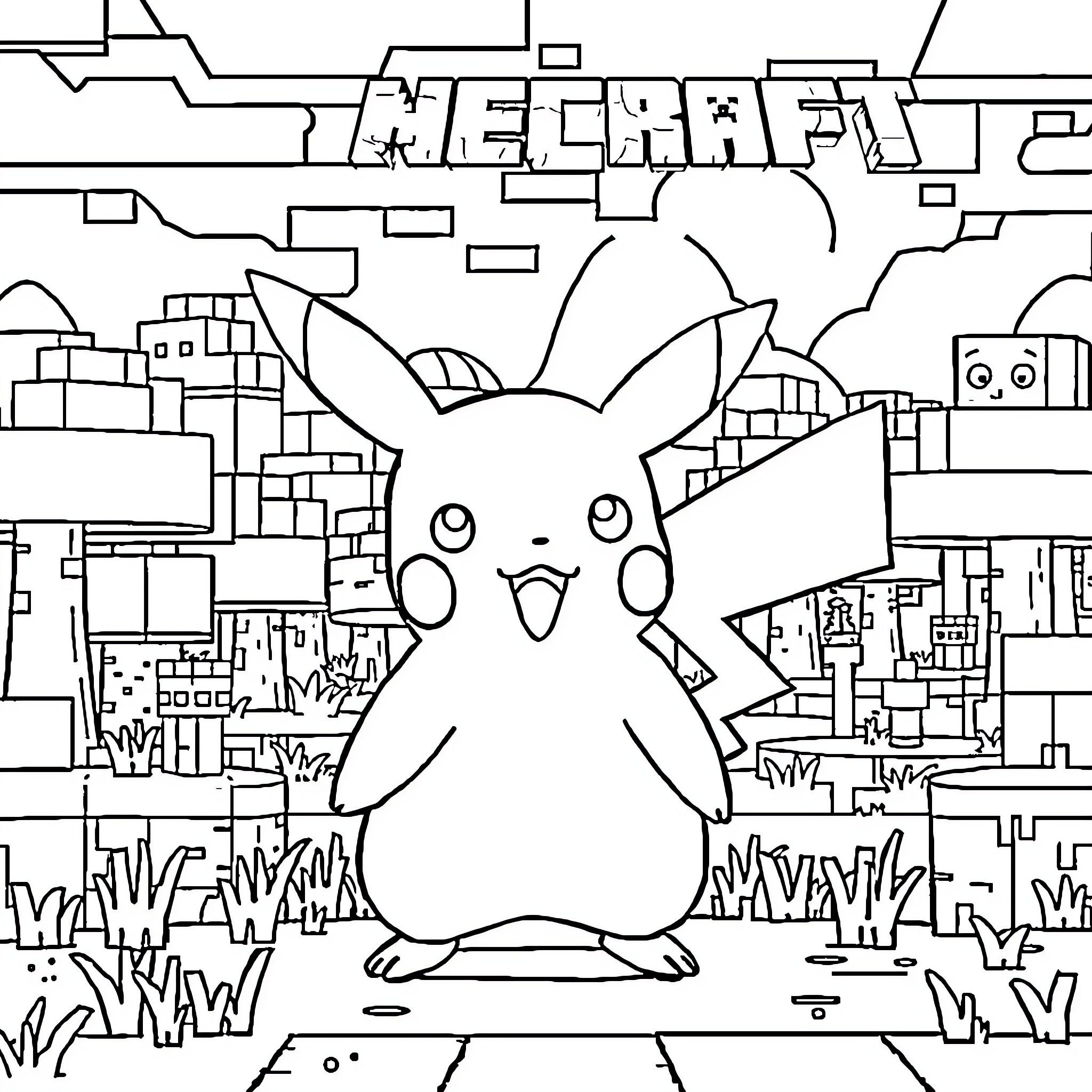 Pikachu exploring the world of Minecraft Coloring Page (free black-and-white line drawing printable PDF for all, from beginners to advanced learners, including children, teens, adults, and seniors)