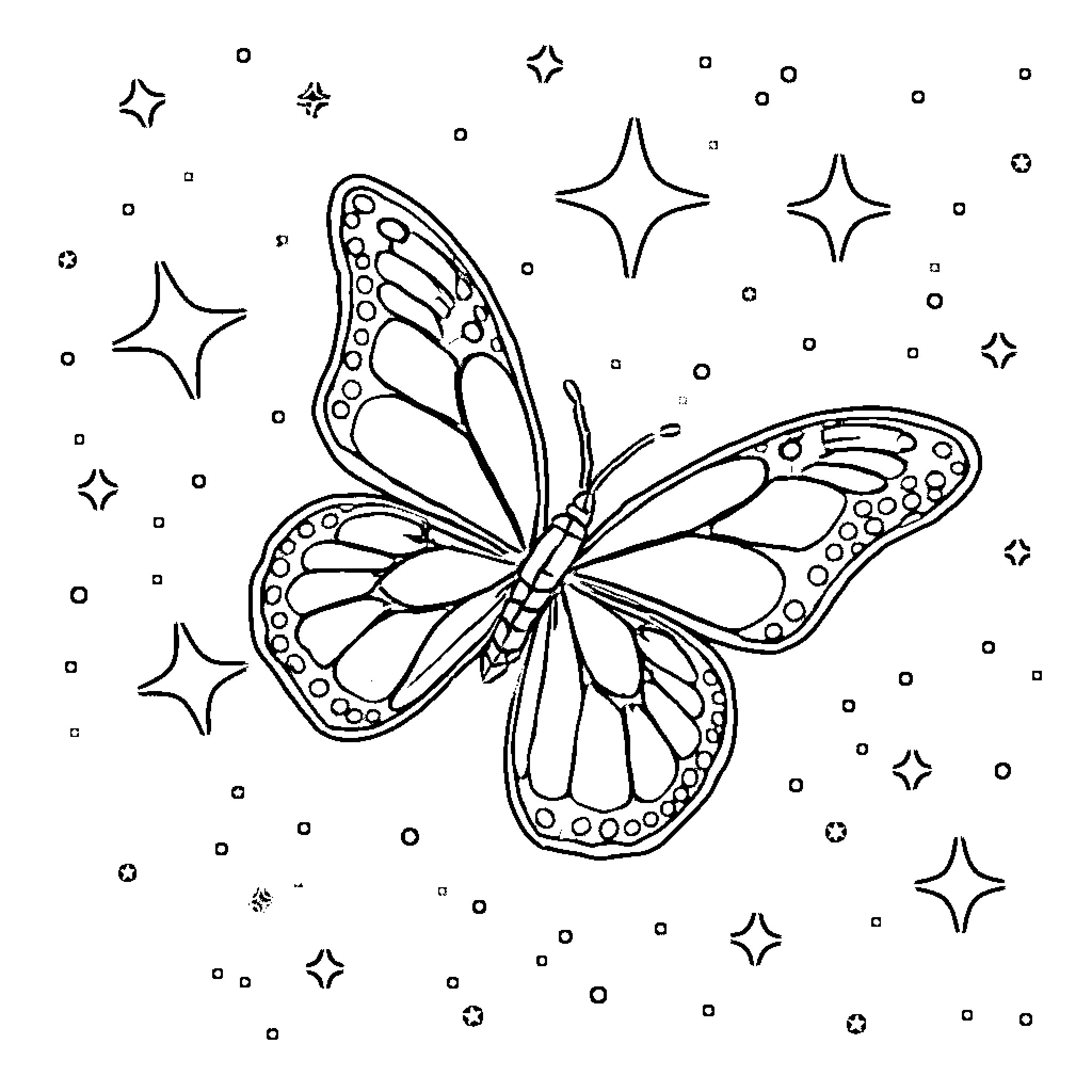 Butterfly sparkling in the starry night Coloring Page (free black-and-white line drawing printable PDF for all, from beginners to advanced learners, including children, teens, adults, and seniors)