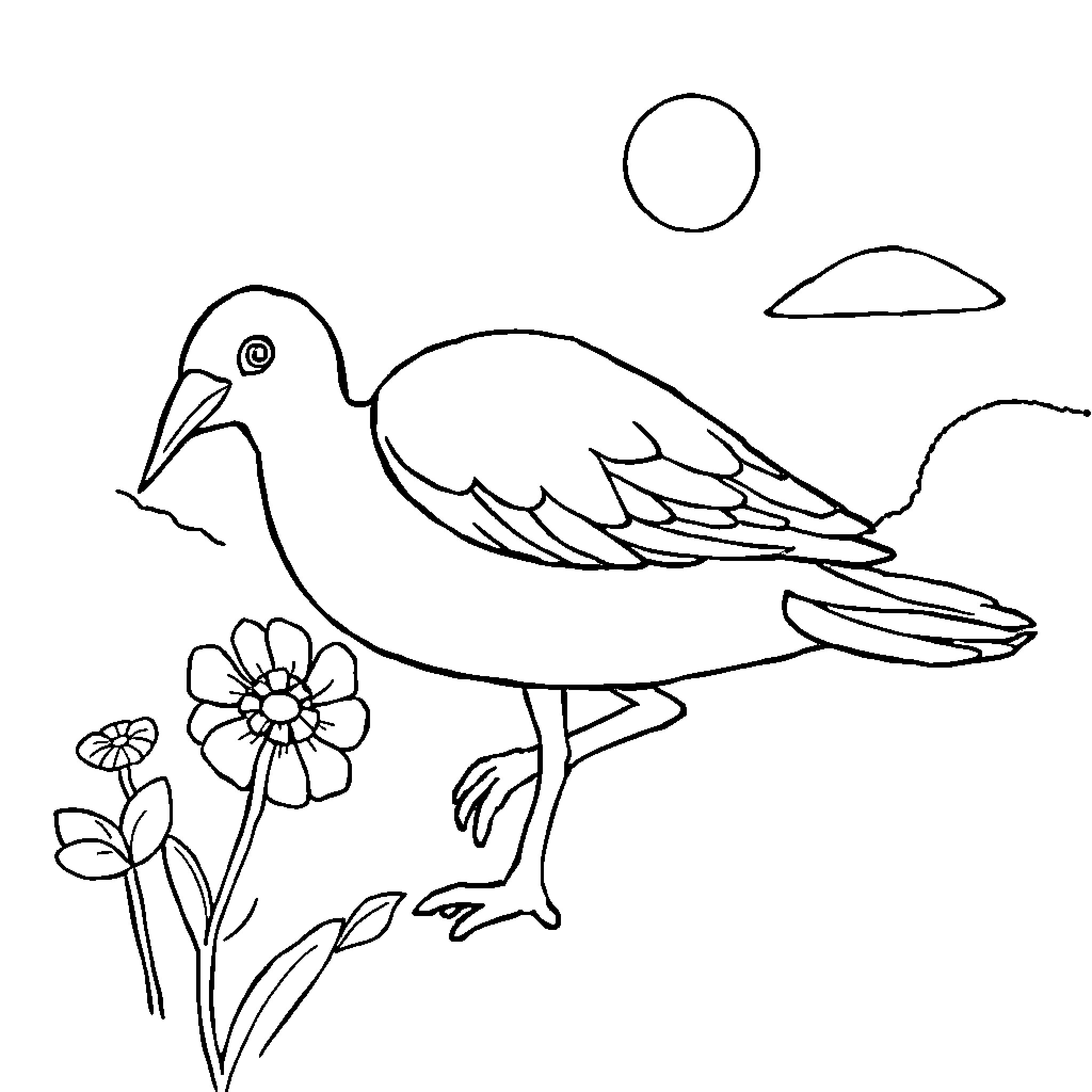 Drawing of a bird in a simple floral scene Coloring Page (free black-and-white line drawing printable PDF for all, from beginners to advanced learners, including children, teens, adults, and seniors)