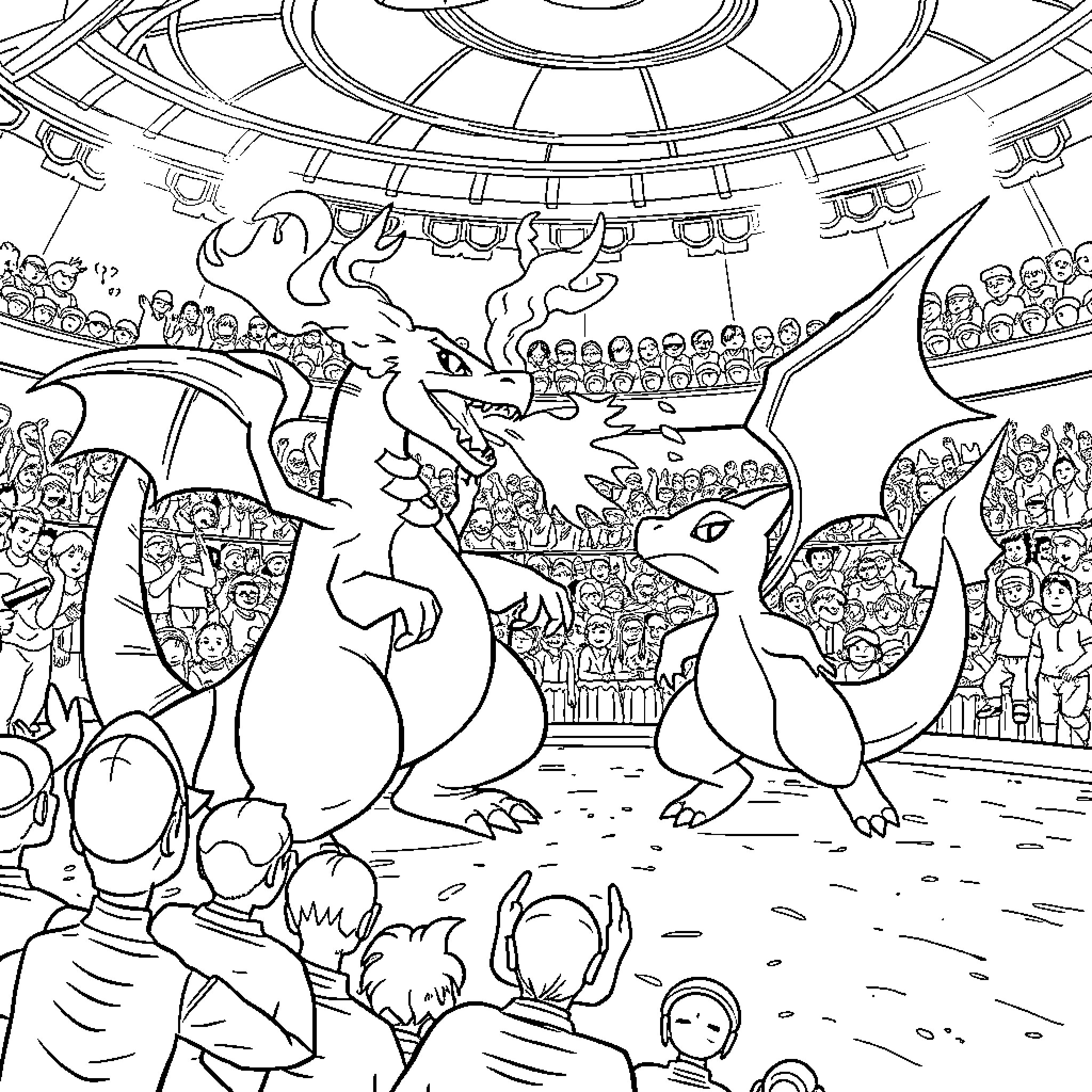 Charizard battling in a grand arena Coloring Page (free black-and-white line drawing printable PDF for all, from beginners to advanced learners, including children, teens, adults, and seniors)