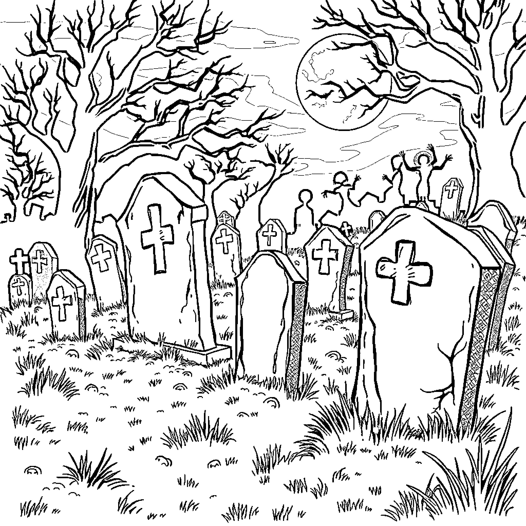 Graveyard with Eerie Atmosphere and Tombstones Coloring Page (free black-and-white line drawing printable PDF for all, from beginners to advanced learners, including children, teens, adults, and seniors)