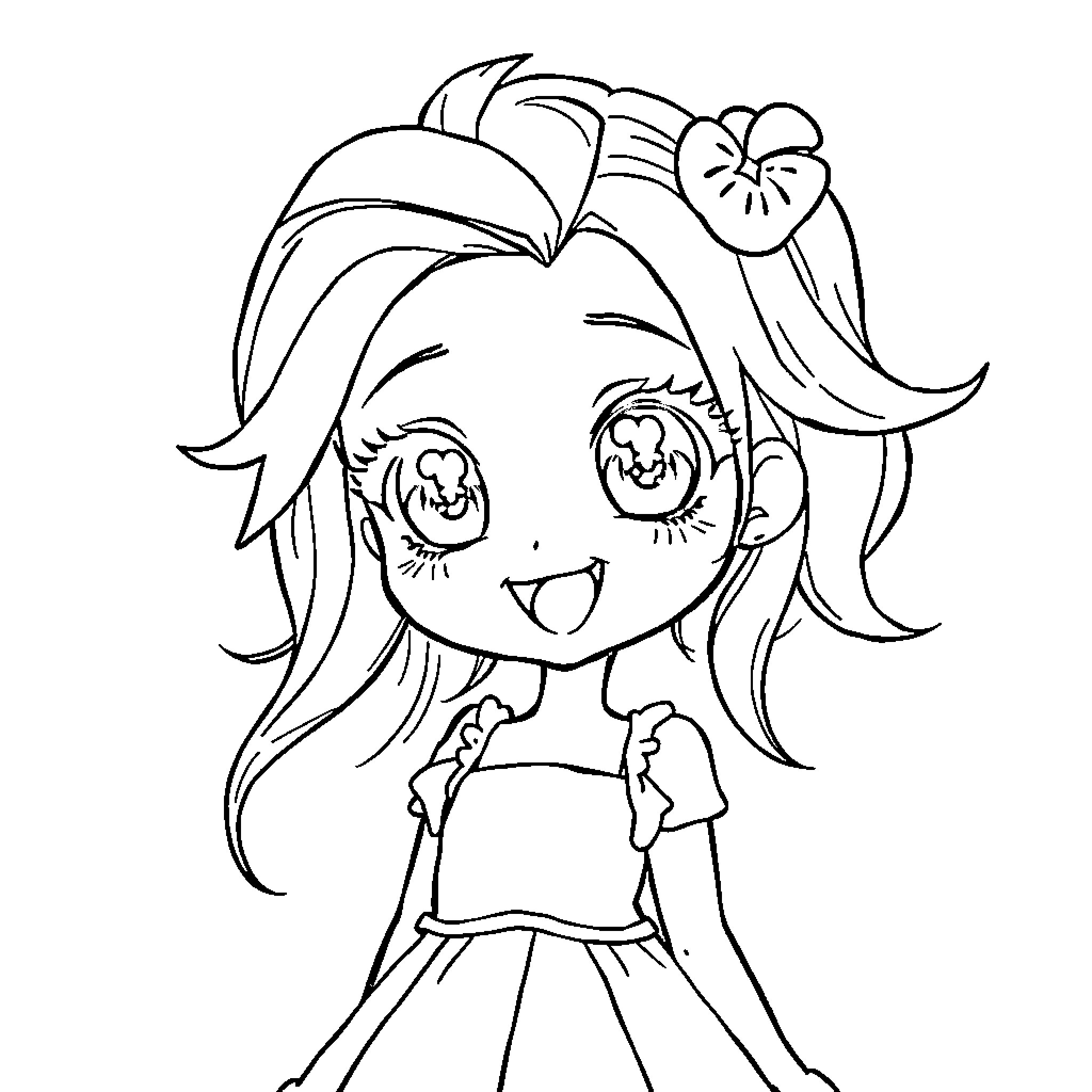 Anime Girl Happily Smiling and Posing Coloring Page (free black-and-white line drawing printable PDF for all, from beginners to advanced learners, including children, teens, adults, and seniors)