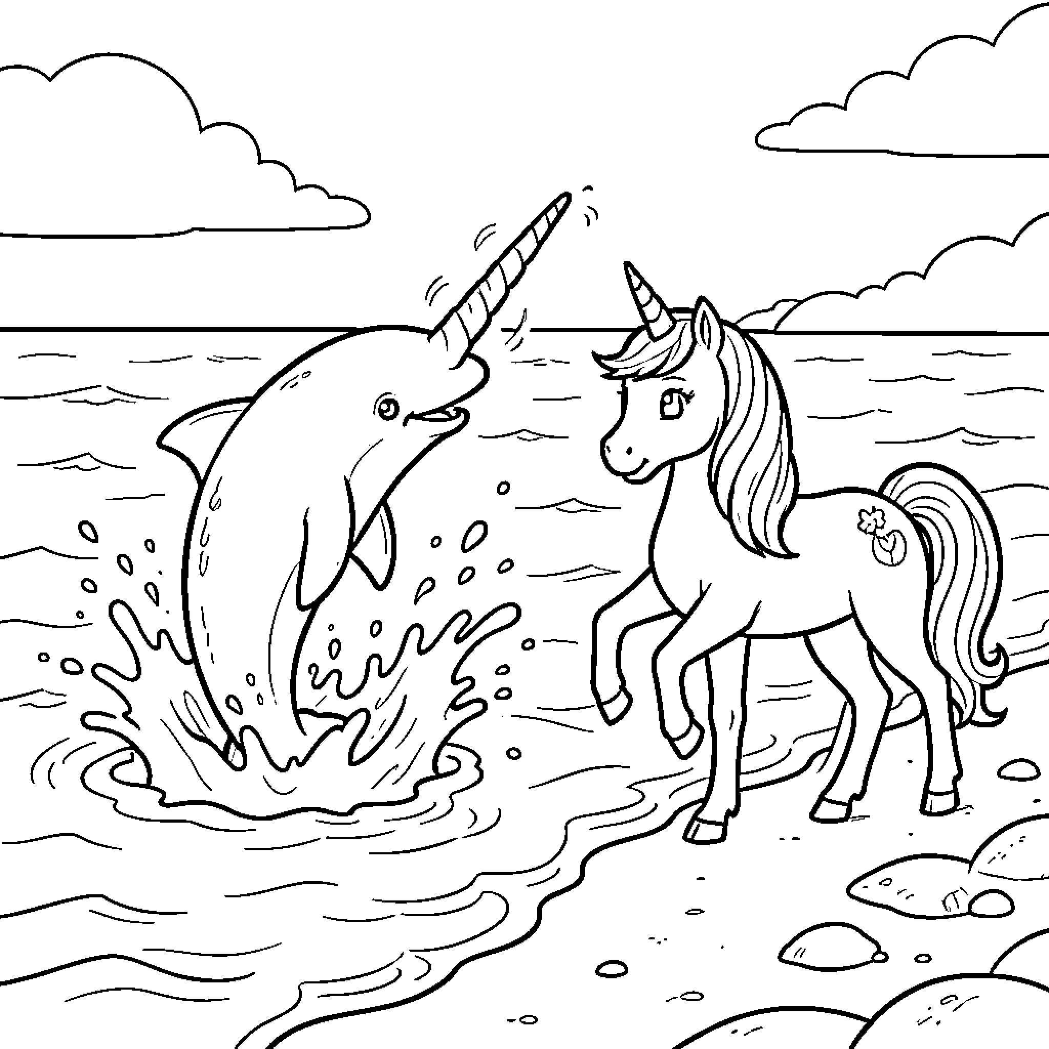 Narwhal and Unicorn playing in the ocean Coloring Page (free black-and-white line drawing printable PDF for all, from beginners to advanced learners, including children, teens, adults, and seniors)