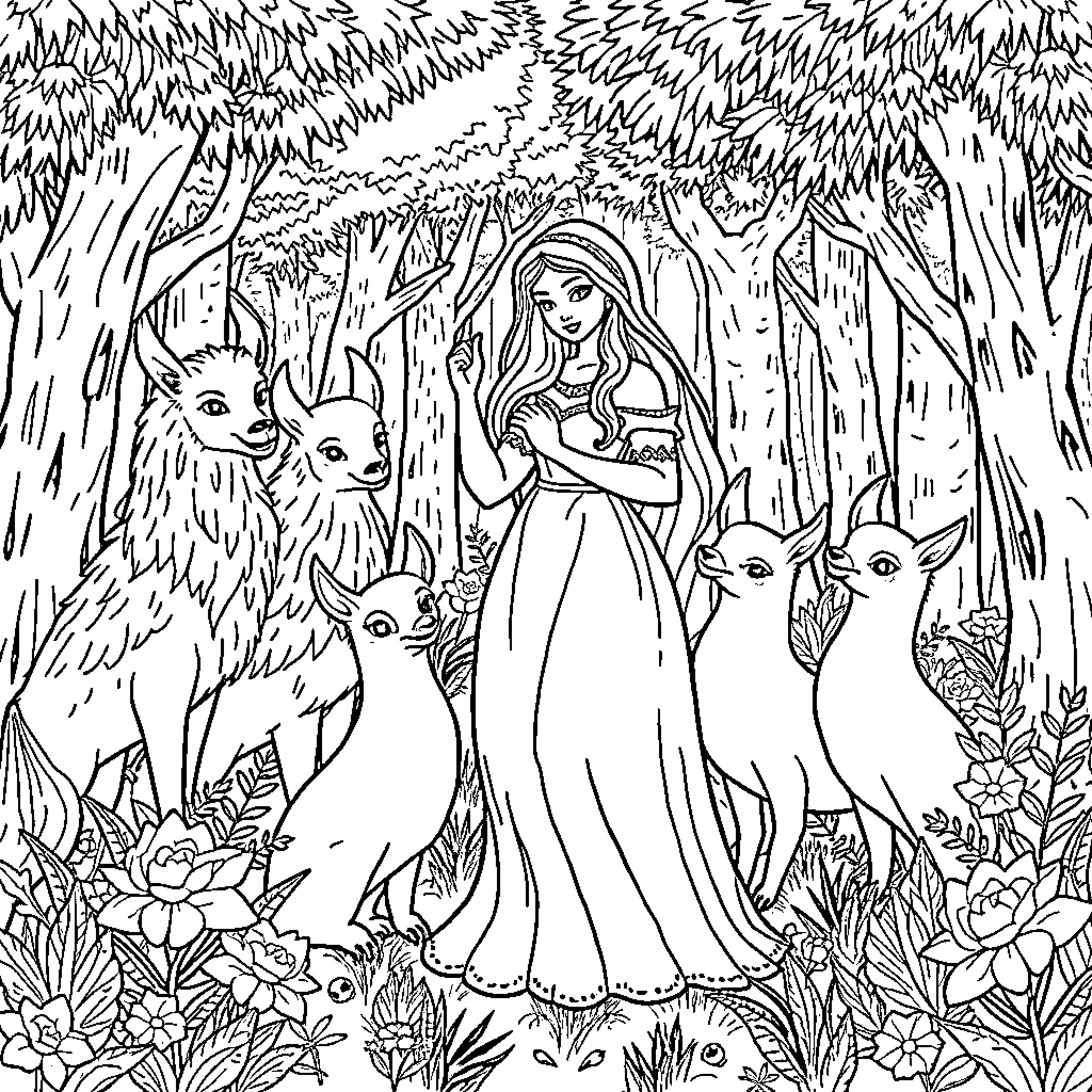 Snow White surrounded by woodland creatures in the forest Coloring Page (free black-and-white line drawing printable PDF for all, from beginners to advanced learners, including children, teens, adults, and seniors)