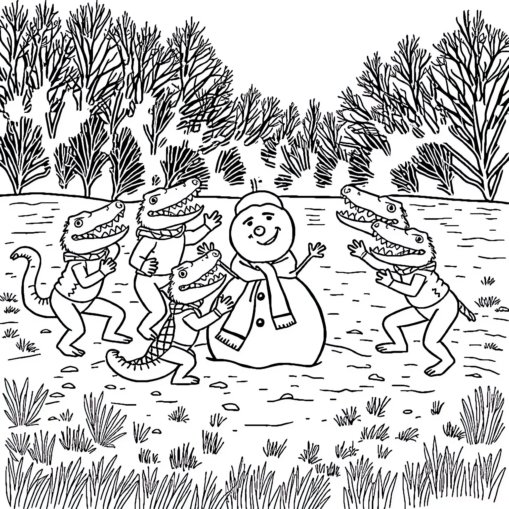Gator Friends Frolicking with Snowman in Winter Wonderland Coloring Page (free black-and-white line drawing printable PDF for all, from beginners to advanced learners, including children, teens, adults, and seniors)
