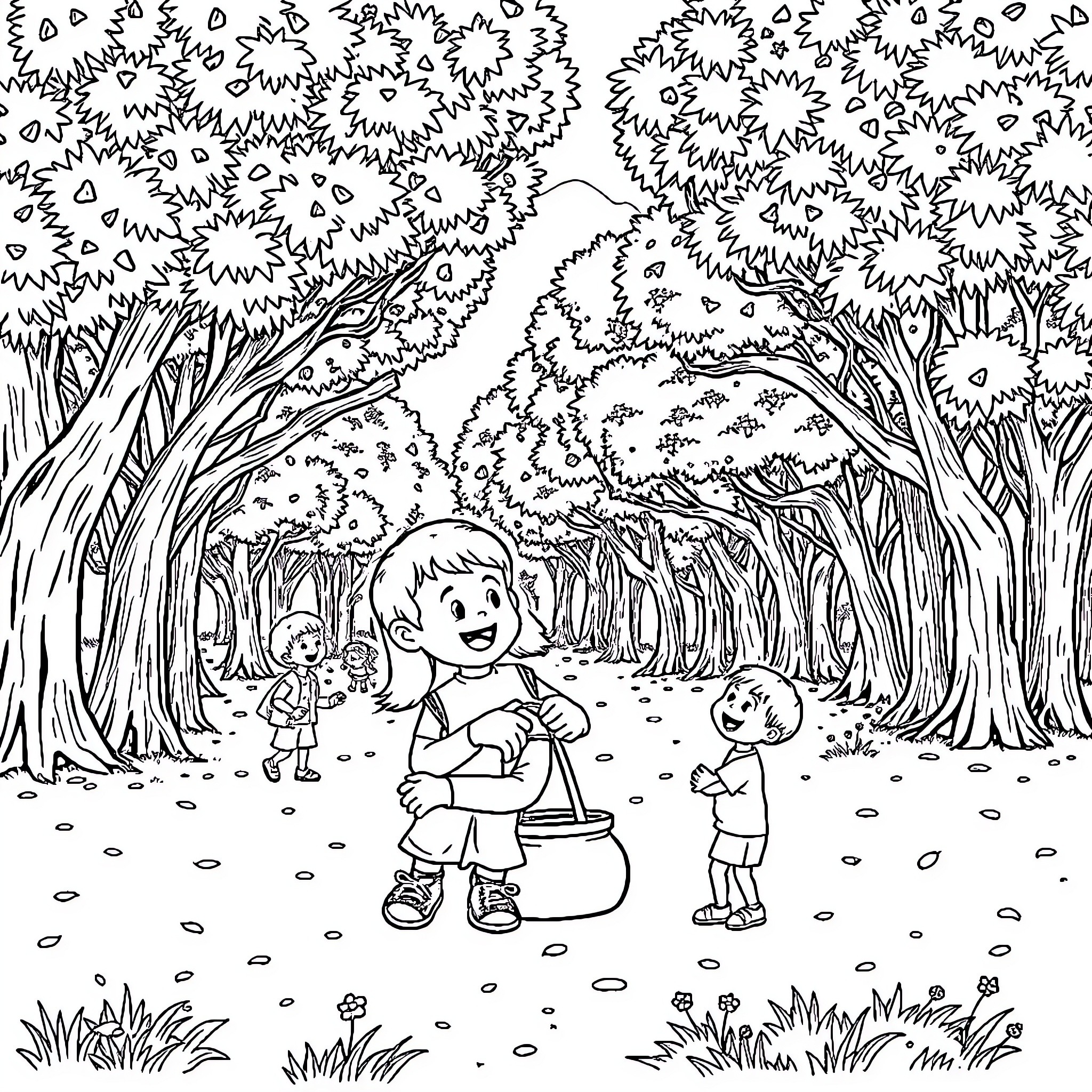 Labubu's Playful Adventure in the Forest Coloring Page (free black-and-white line drawing printable PDF for all, from beginners to advanced learners, including children, teens, adults, and seniors)