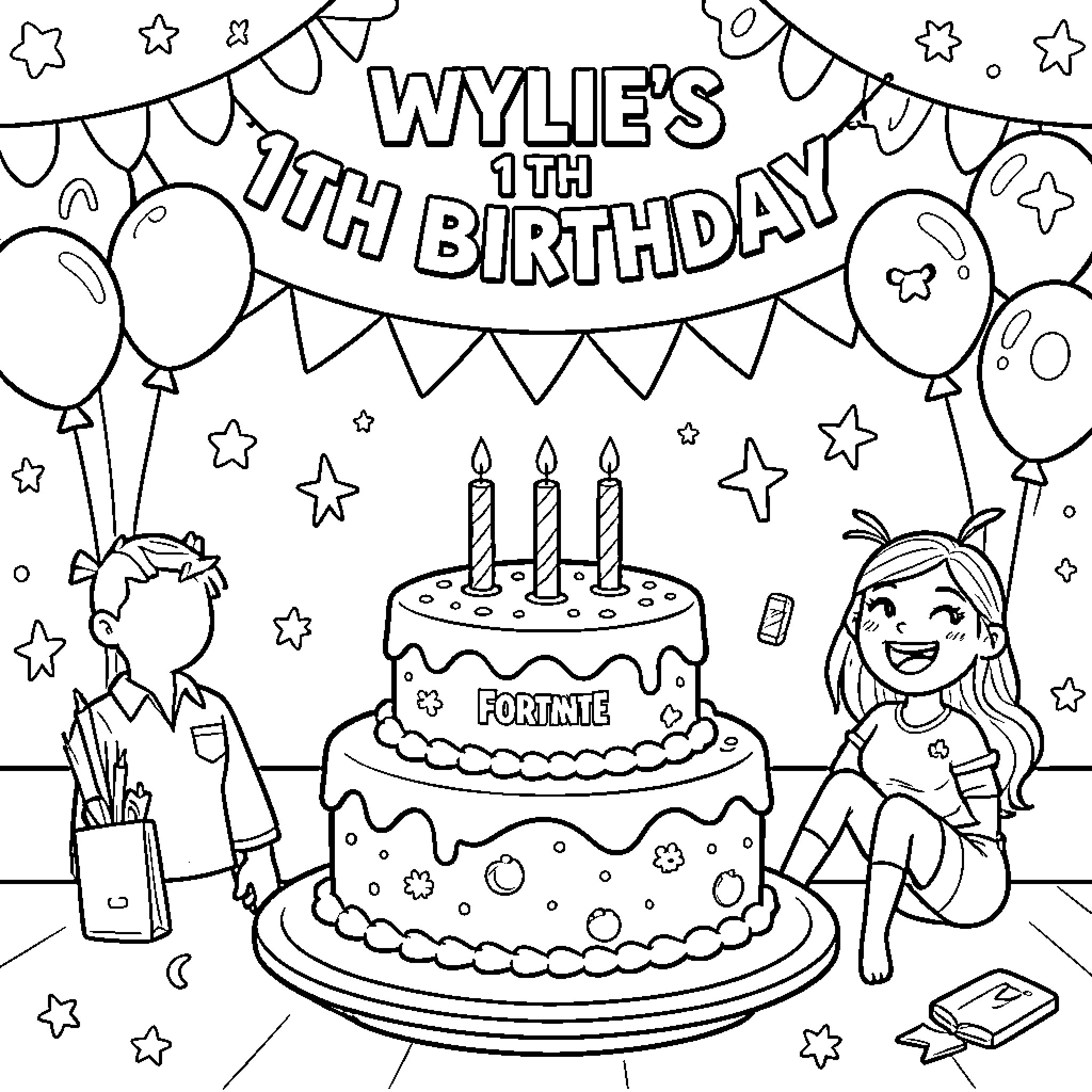Fortnite Birthday Celebration with Decorations and Cake Coloring Page (free black-and-white line drawing printable PDF for all, from beginners to advanced learners, including children, teens, adults, and seniors)