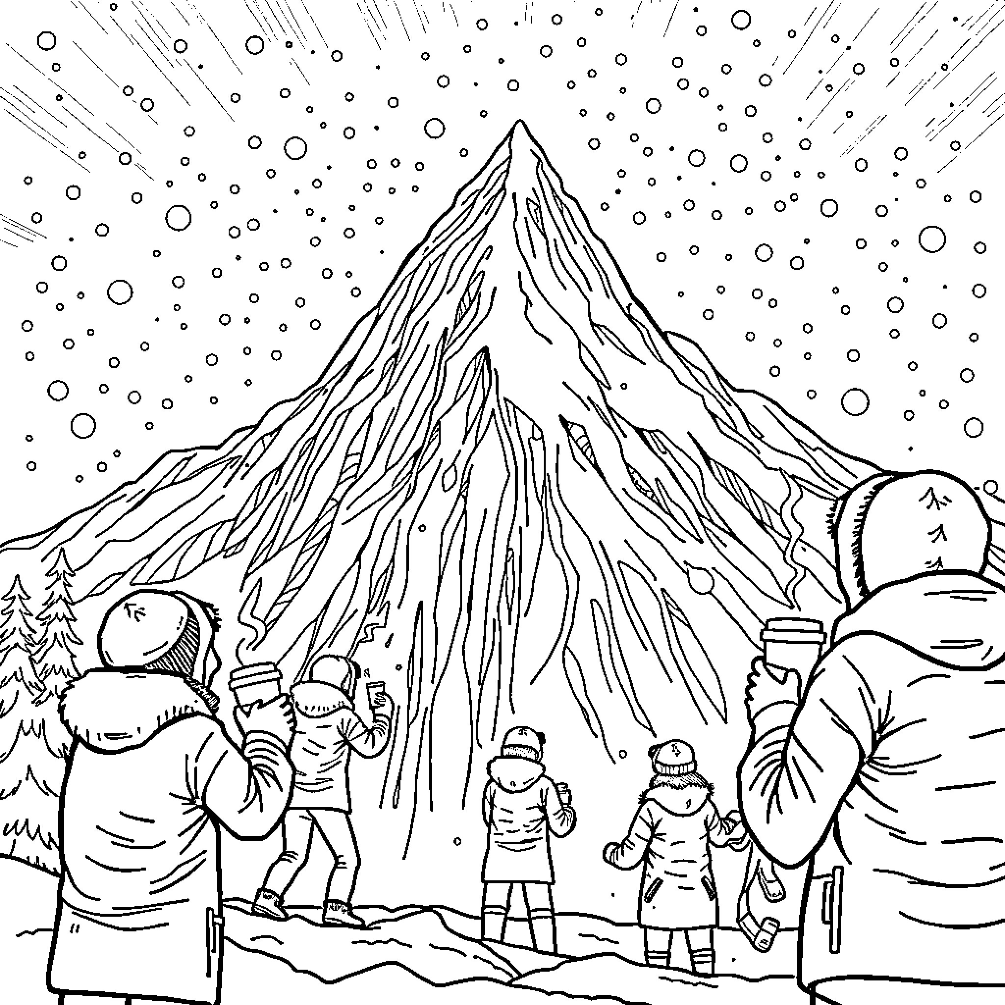 Person exploring winter wonderland mountain landscape Coloring Page (free black-and-white line drawing printable PDF for all, from beginners to advanced learners, including children, teens, adults, and seniors)