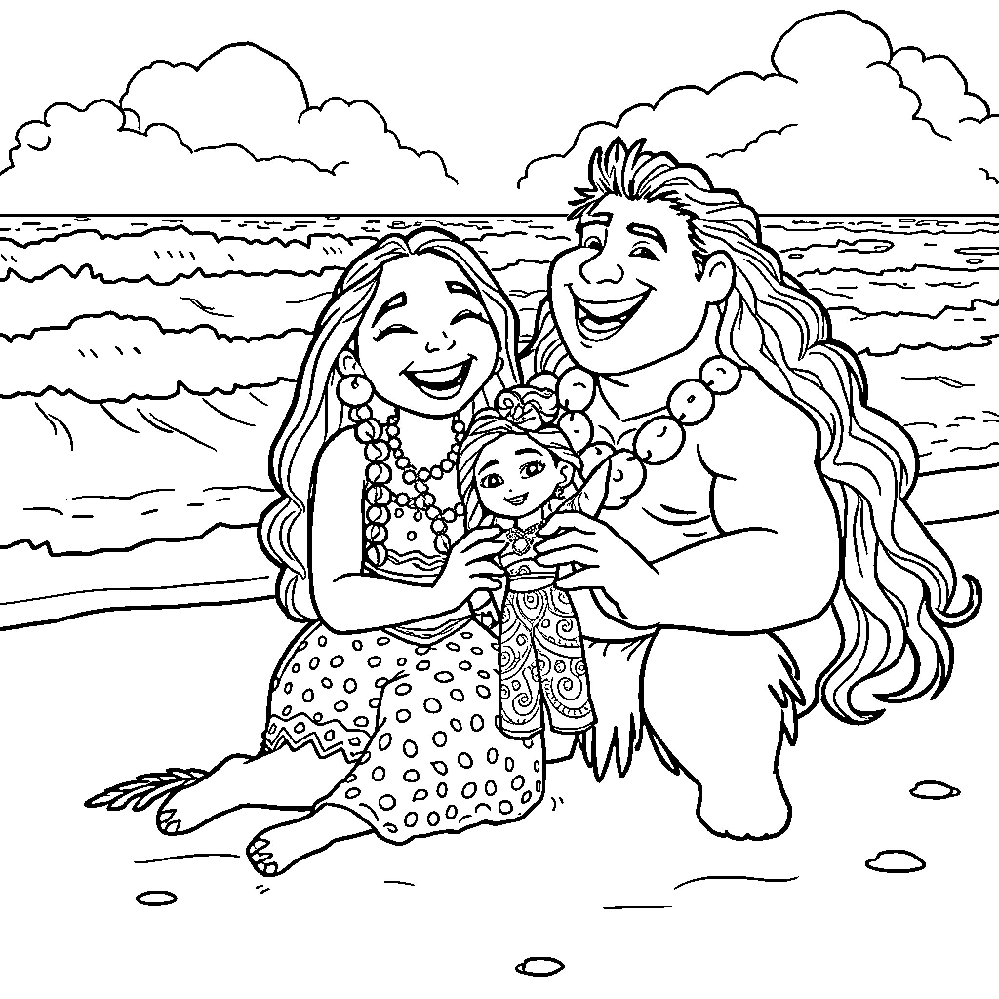 Moana and her family enjoying a day at the beach Coloring Page (free black-and-white line drawing printable PDF for all, from beginners to advanced learners, including children, teens, adults, and seniors)