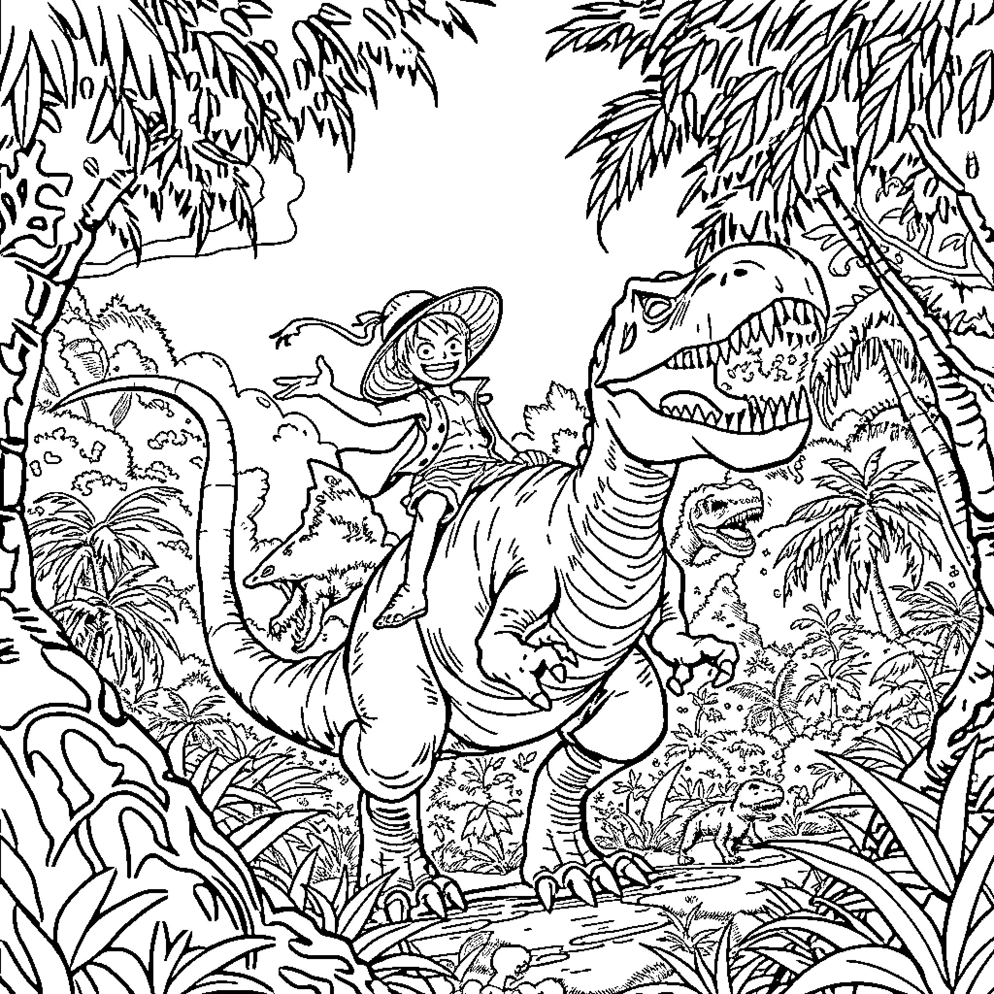 Monkey D Luffy riding a dinosaur in a lush jungle Coloring Page (free black-and-white line drawing printable PDF for all, from beginners to advanced learners, including children, teens, adults, and seniors)