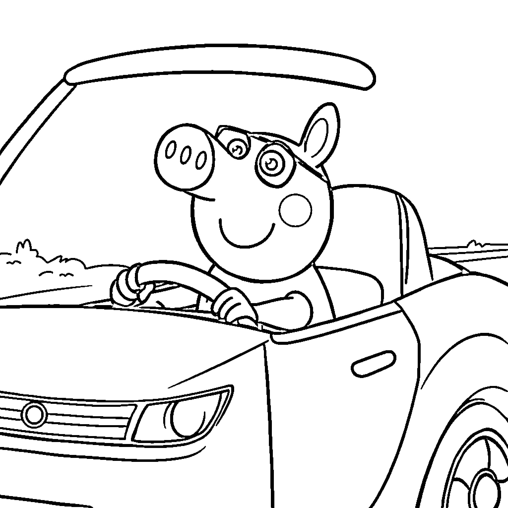 Peggy Pig drives a car happily Coloring Page (free black-and-white line drawing printable PDF for all, from beginners to advanced learners, including children, teens, adults, and seniors)