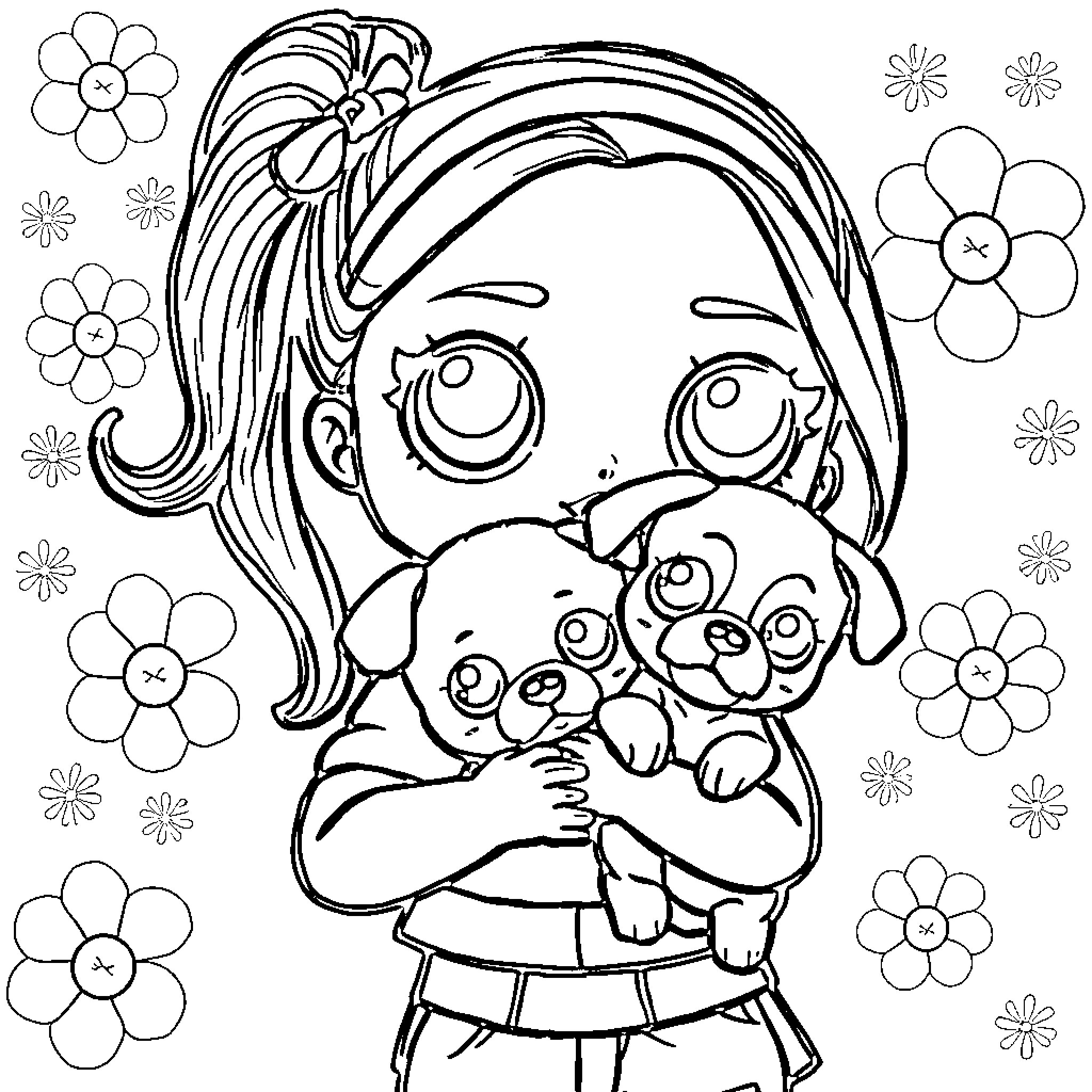 Lol Doll happily hugging puppy with flowers Coloring Page (free black-and-white line drawing printable PDF for all, from beginners to advanced learners, including children, teens, adults, and seniors)