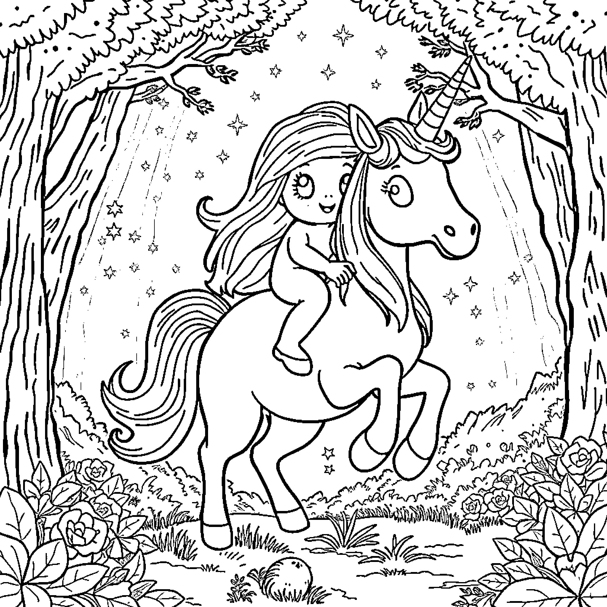Labubu's magical ride with unicorn in enchanted forest Coloring Page (free black-and-white line drawing printable PDF for all, from beginners to advanced learners, including children, teens, adults, and seniors)