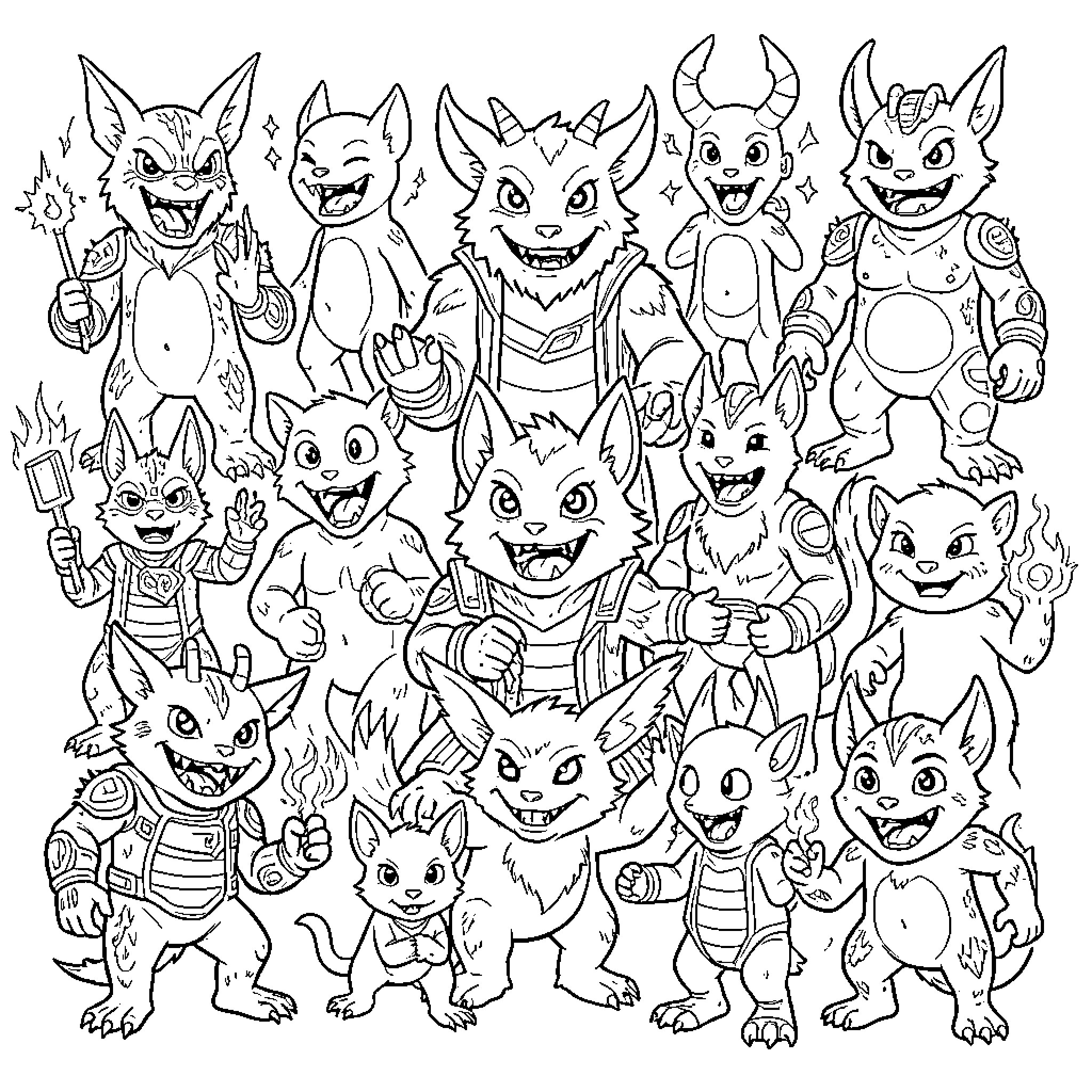 Digimon characters posing with energetic and happy expressions Coloring Page (free black-and-white line drawing printable PDF for all, from beginners to advanced learners, including children, teens, adults, and seniors)