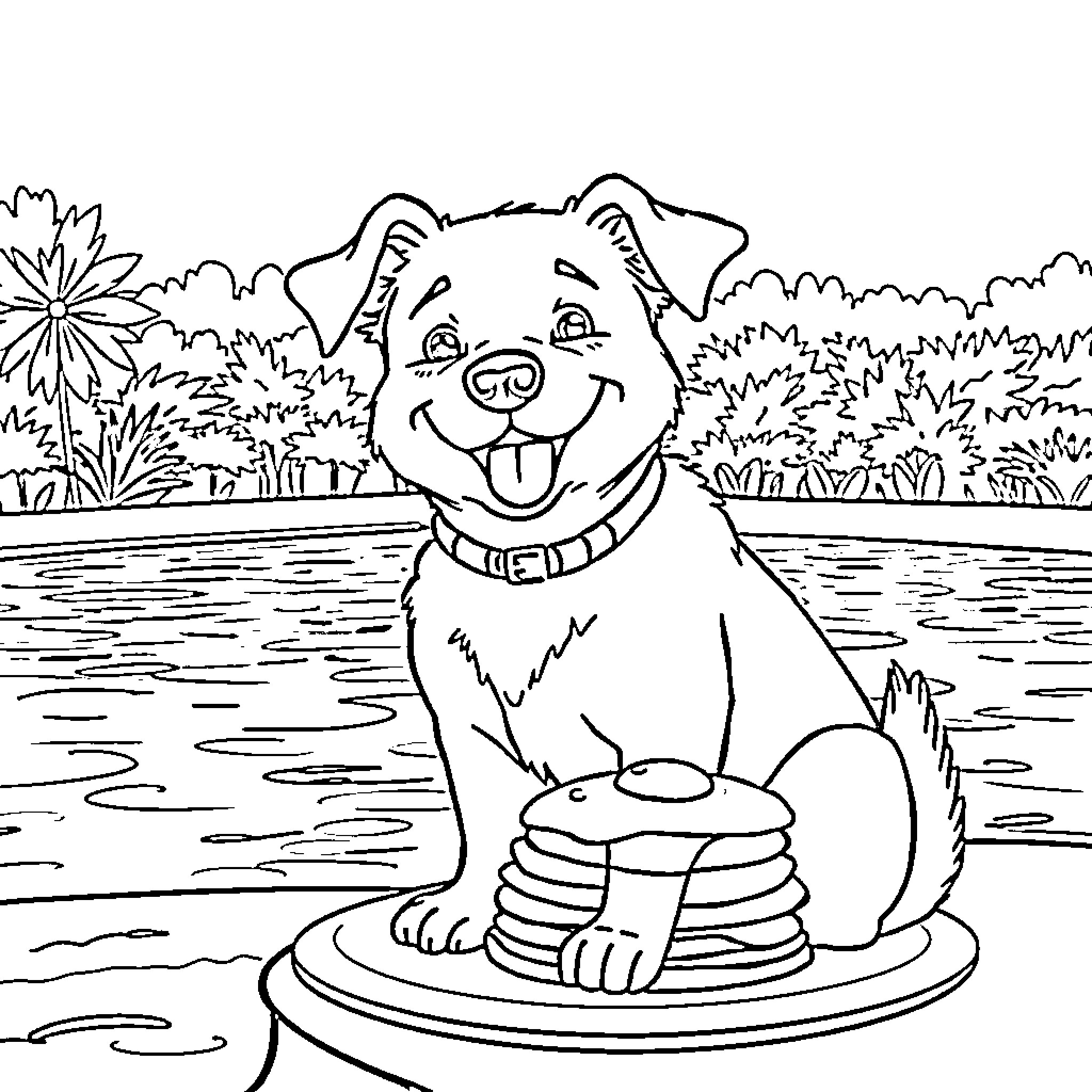 Dog Enjoying Pancakes in a Scenic Outdoor Setting Coloring Page (free black-and-white line drawing printable PDF for all, from beginners to advanced learners, including children, teens, adults, and seniors)