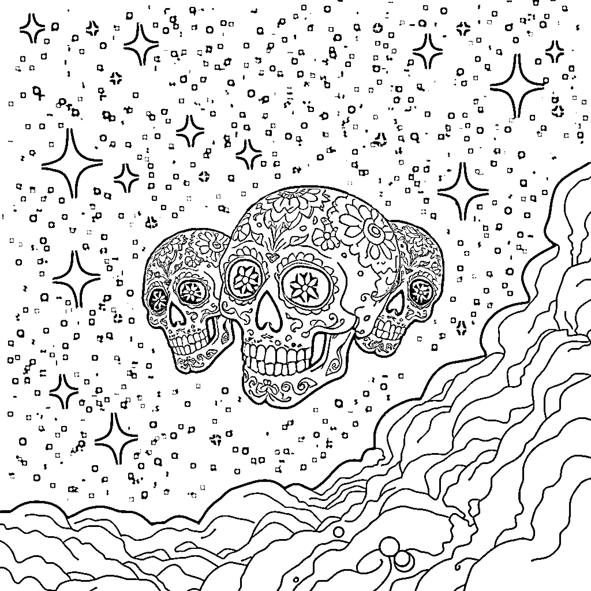 Sugar Skull Celestial Landscape Coloring Page (free black-and-white line drawing printable PDF for all, from beginners to advanced learners, including children, teens, adults, and seniors)