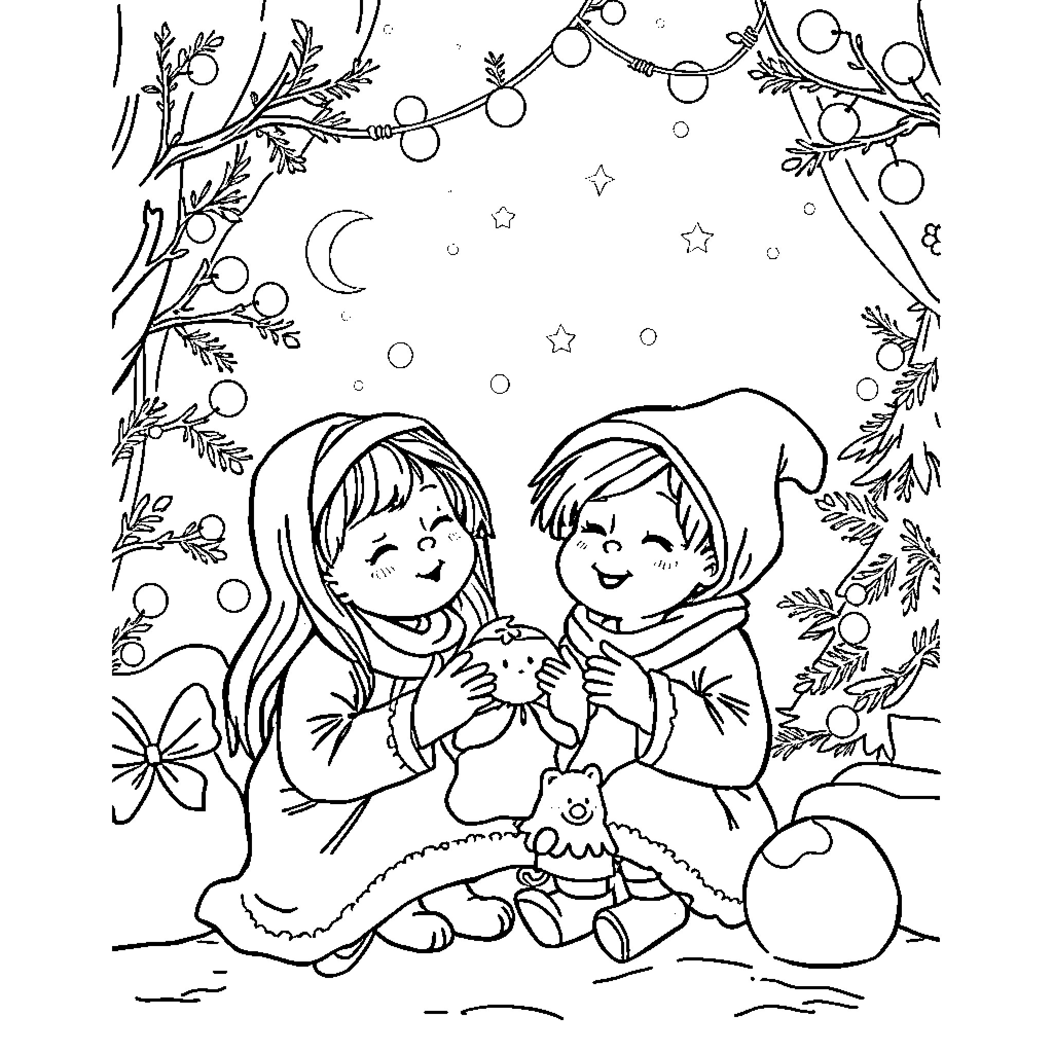 Niños jugando y disfrutando en la nieve Coloring Page (free black-and-white line drawing printable PDF for all, from beginners to advanced learners, including children, teens, adults, and seniors)