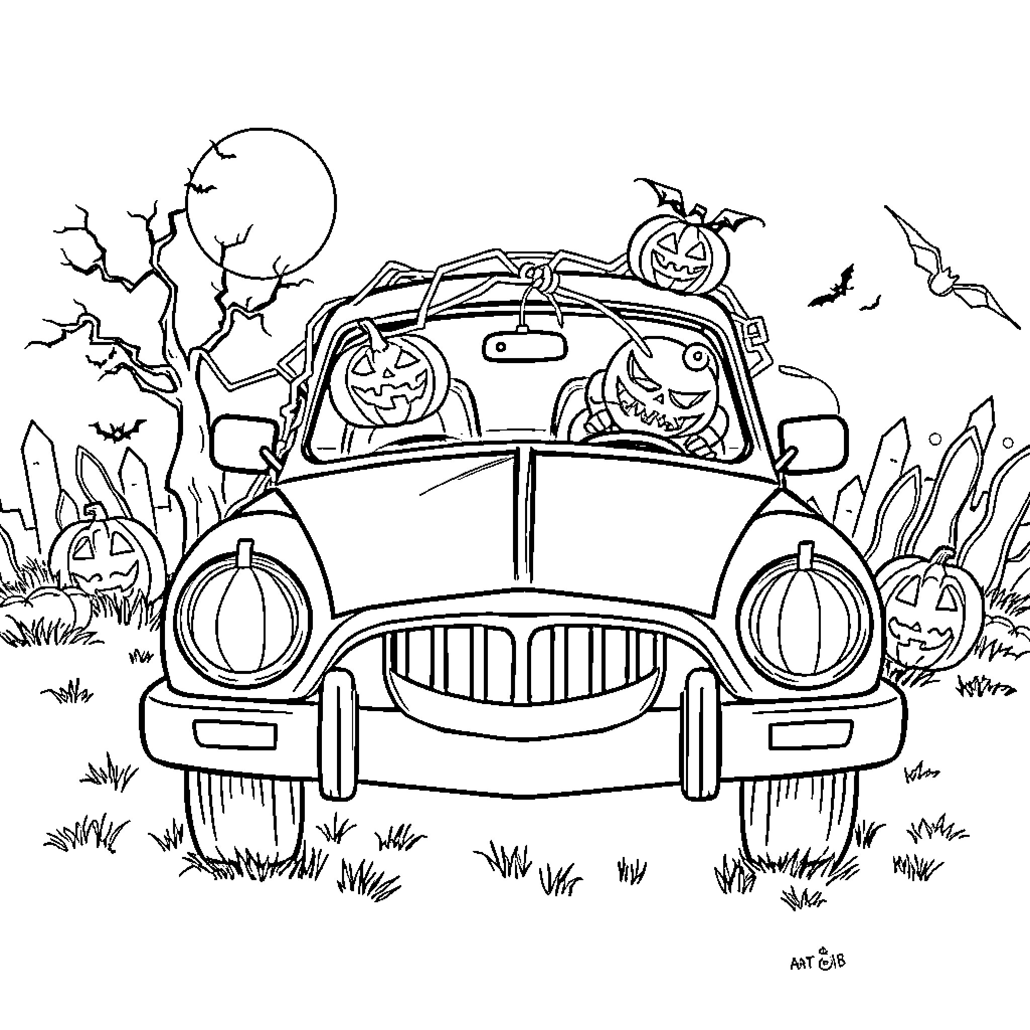 Car carrying pumpkins on spooky Halloween night Coloring Page (free black-and-white line drawing printable PDF for all, from beginners to advanced learners, including children, teens, adults, and seniors)