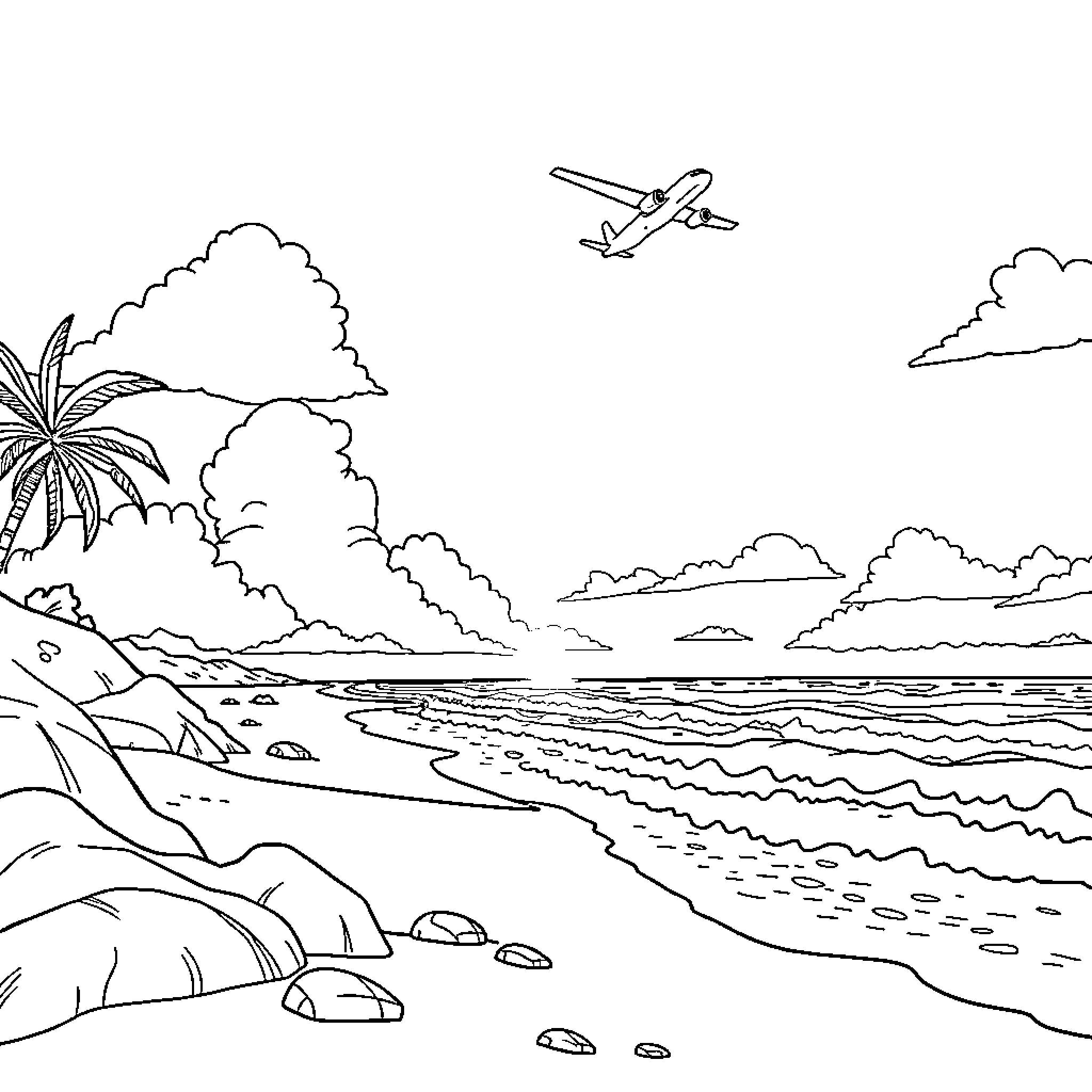 Aeroplane soaring over tropical beach landscape Coloring Page (free black-and-white line drawing printable PDF for all, from beginners to advanced learners, including children, teens, adults, and seniors)