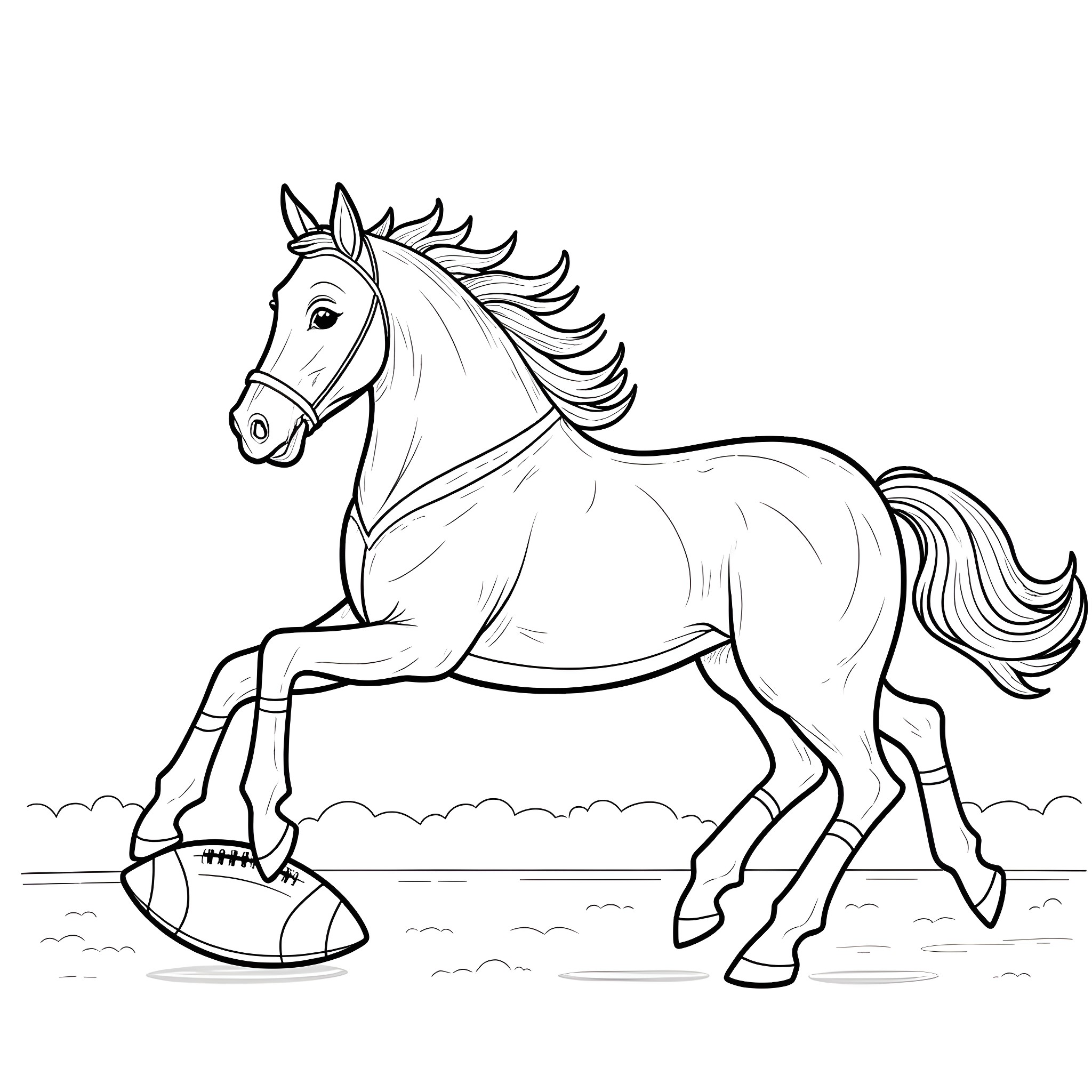 Horse galloping with a football Coloring Page (free black-and-white line drawing printable PDF for all, from beginners to advanced learners, including children, teens, adults, and seniors)
