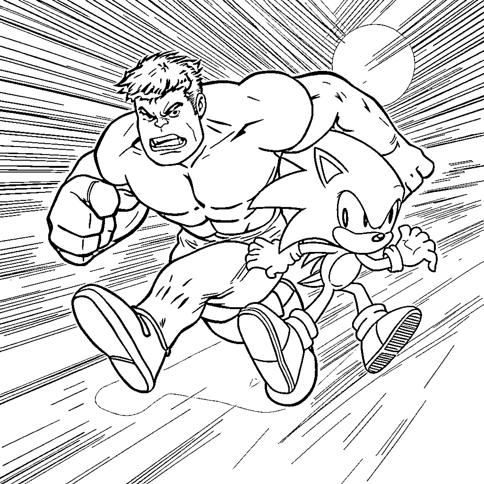Hulk chasing a speeding Sonic the Hedgehog Coloring Page (free black-and-white line drawing printable PDF for all, from beginners to advanced learners, including children, teens, adults, and seniors)