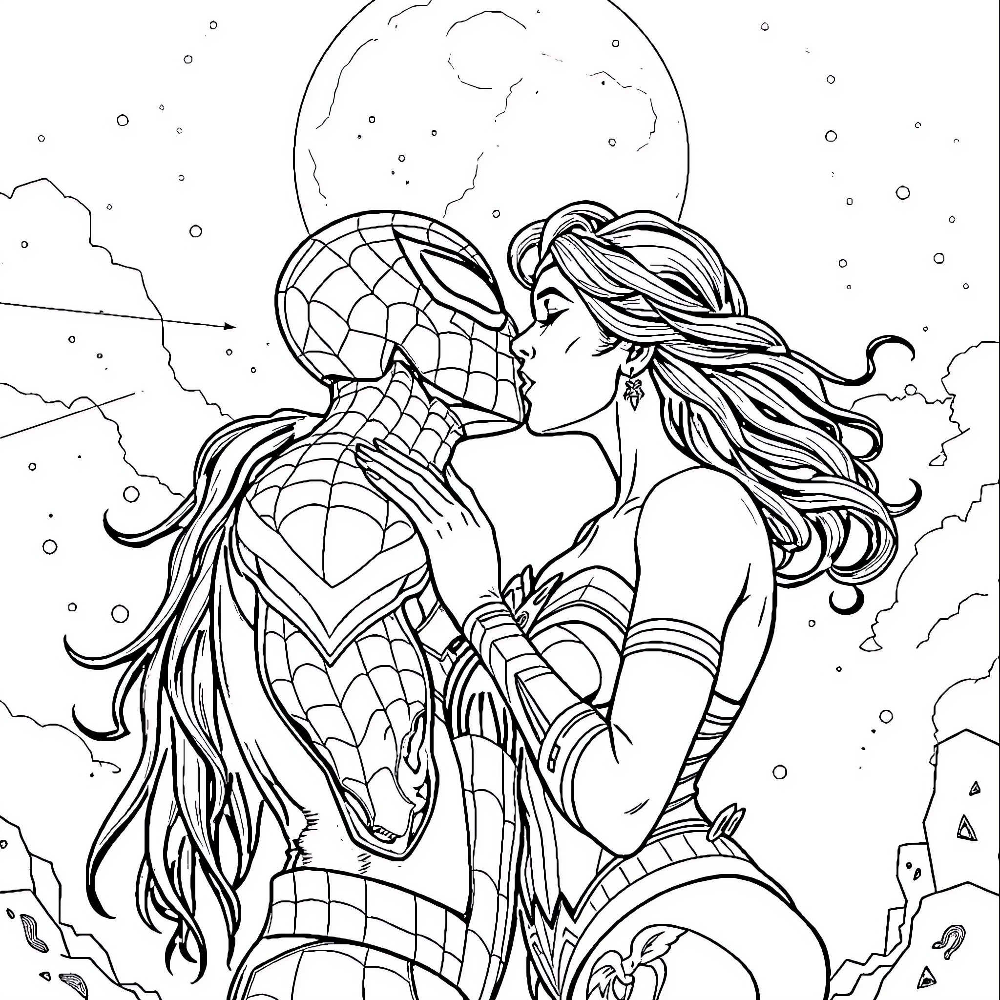 Spider-Man embracing with a female superhero under the moonlight Coloring Page (free black-and-white line drawing printable PDF for all, from beginners to advanced learners, including children, teens, adults, and seniors)