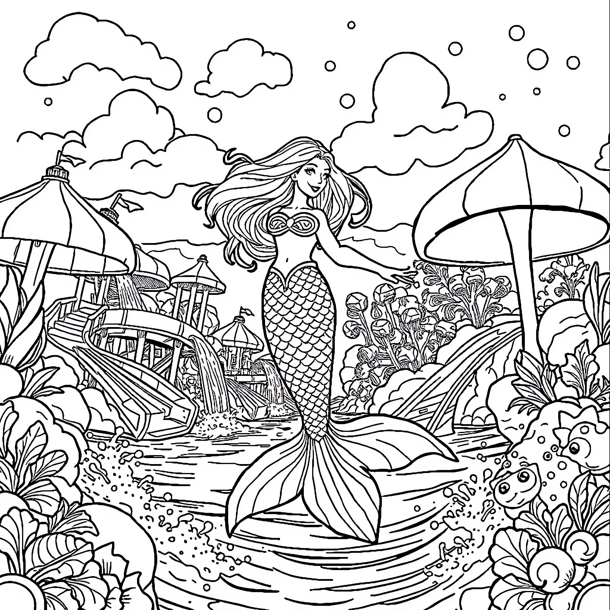 Mermaid explores a whimsical underwater world Coloring Page (free black-and-white line drawing printable PDF for all, from beginners to advanced learners, including children, teens, adults, and seniors)