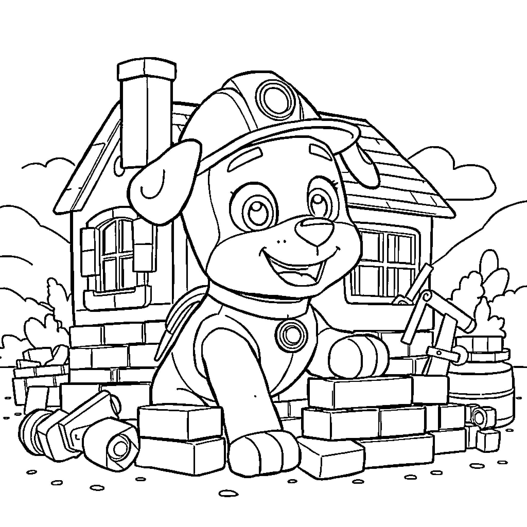 Rubble from Cartoon Dog Exploring Construction Site Coloring Page (free black-and-white line drawing printable PDF for all, from beginners to advanced learners, including children, teens, adults, and seniors)